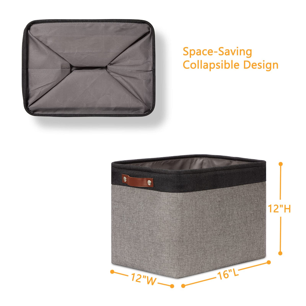 Storage Bins 16"x12"x12" With Leather Handles for Organizing (2 Count)