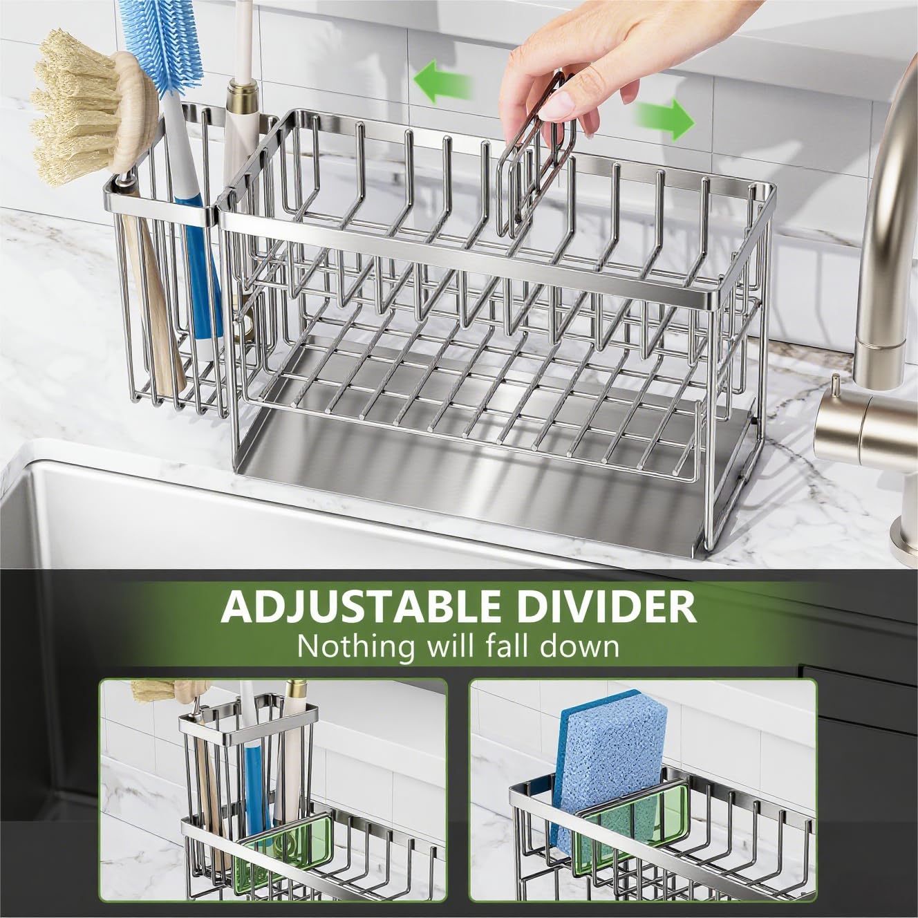Silver 2 Tier Kitchen Sink Caddy Organzier Rack with Flexible Dish Brush Holder