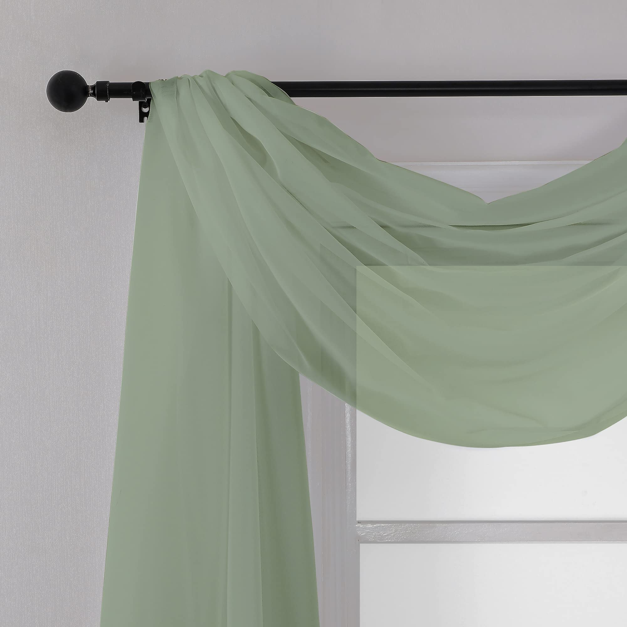 Sage Green Sheer Scarf Valances for Windows 216 Inch Extra Long (2 Count)