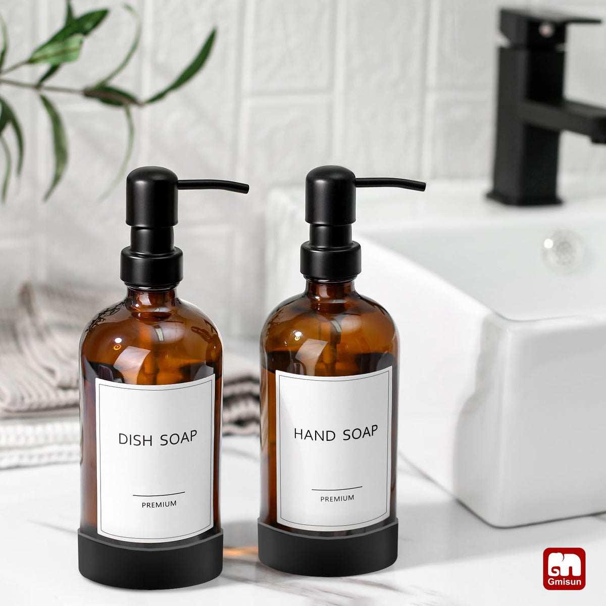 Amber Glass Soap Dispenser with Silicone Sleeve Boot (2 Count)