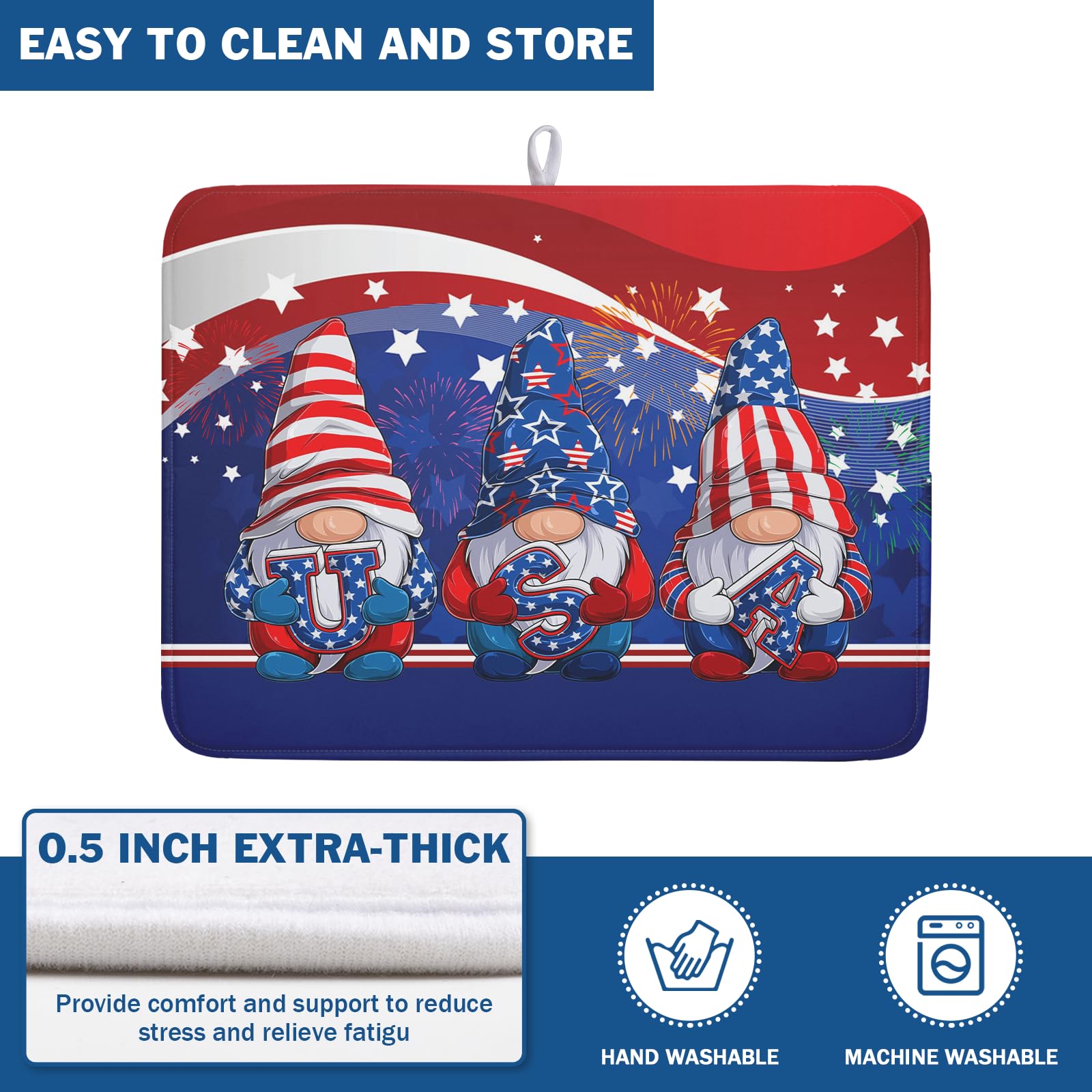4th of July Dish Drying Mat 18x24 Inch Spring Summer Patrioti Gnome Memorial Kitchen Mats Independece Day Absorbent Dishes Pad for Kitchen Counter Usa Stars Drying Mat Home Decor Countertops