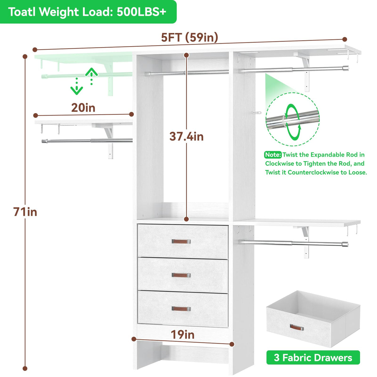 5FT Small Closet System with 3 Fabric Drawers