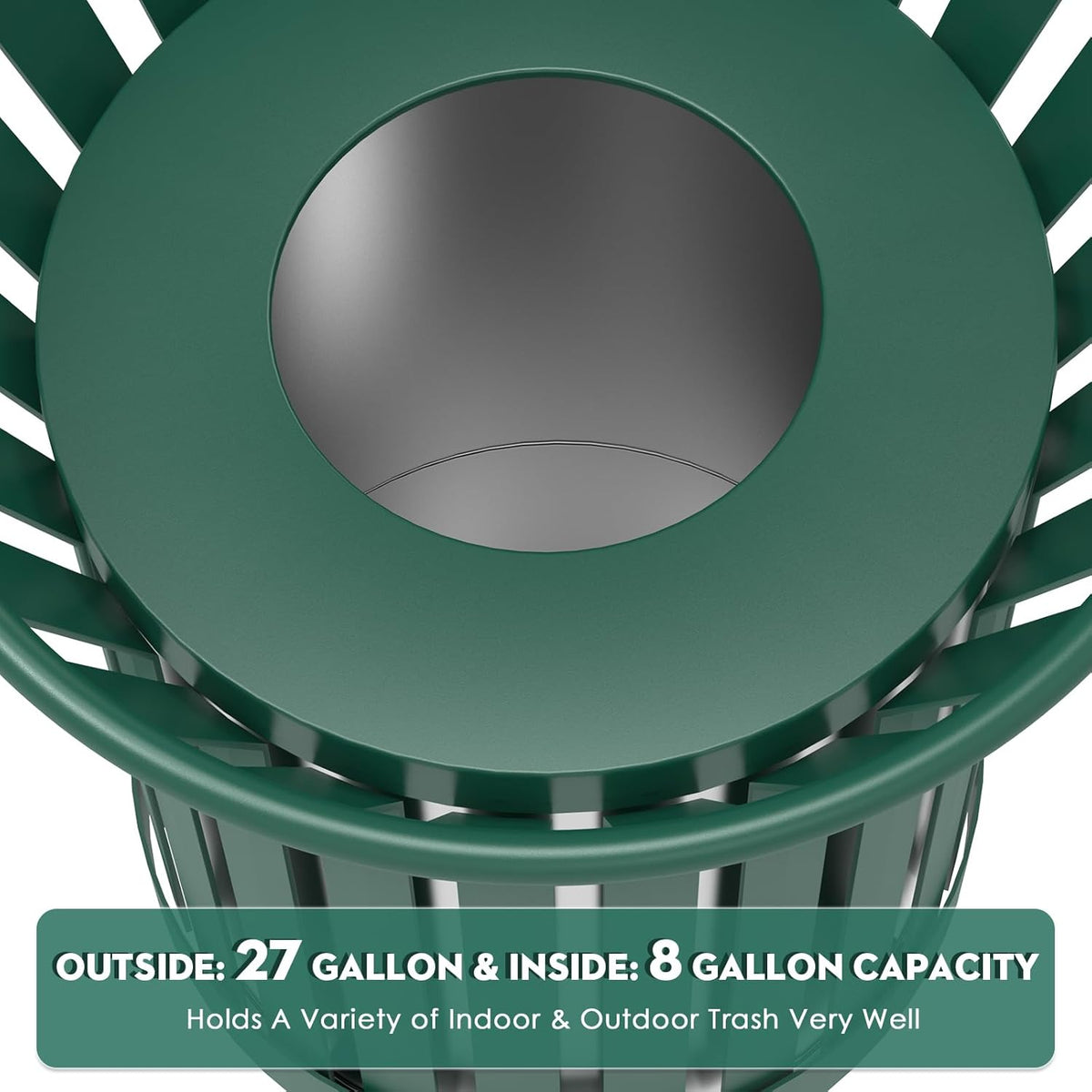 Round Heavy Duty Outdoor Trash Can, Large Metal Slatted Garbage Can for All Weather Resistant, Commercial Garbage Cans, Waste Receptacle in Park, Beach, Patio (Green, Medium)