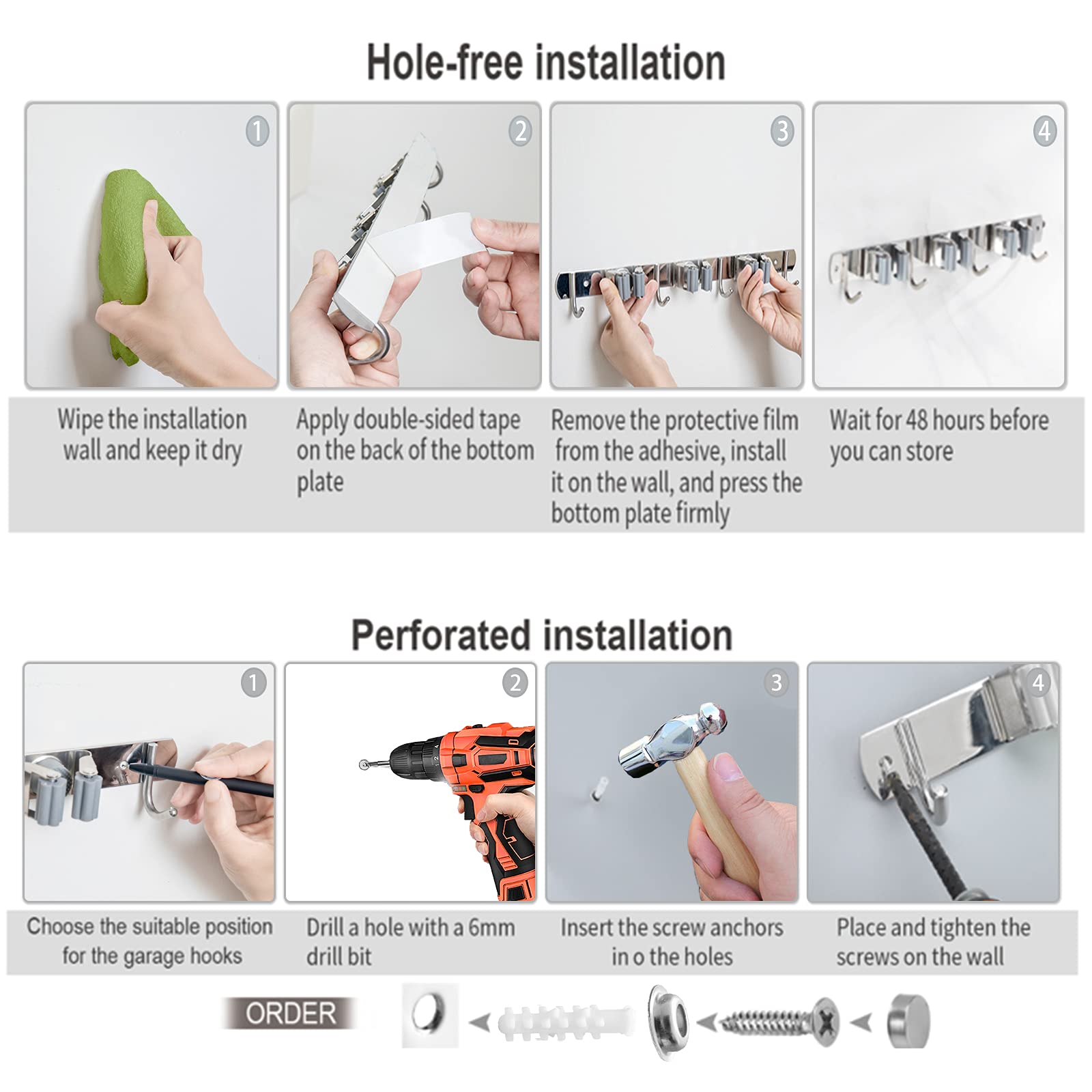 2 Pcs Mop Broom Holder Wall Mounted