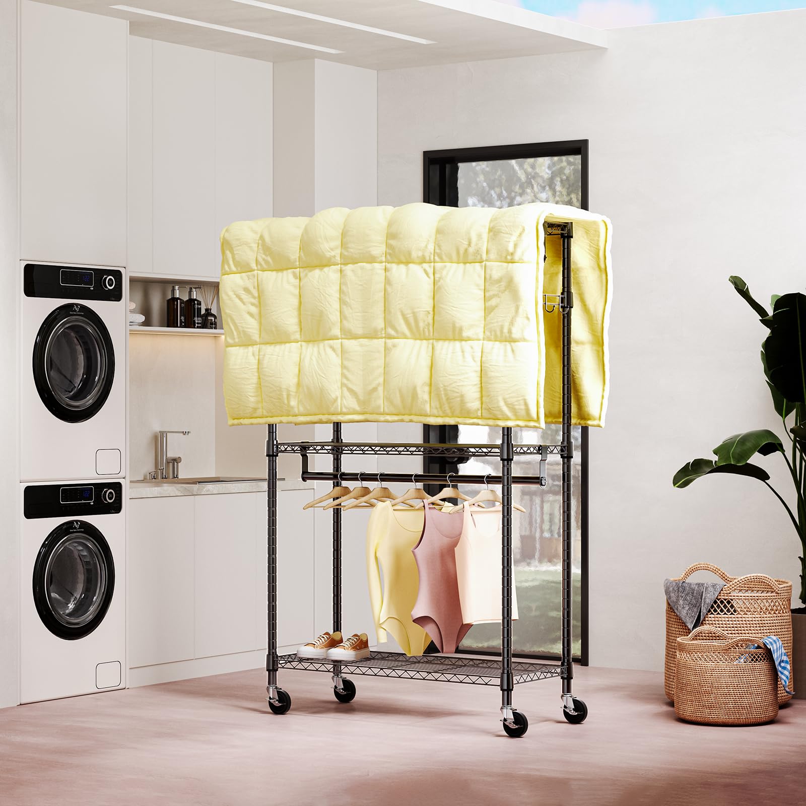 Heavy Duty Rolling Garment Rack 3 Tiers Adjustable Wire Shelving Clothes Rack with 2 Rods and Side Hooks