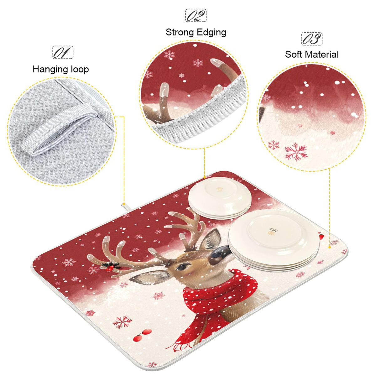 Christmas Reindeer Dish Drying Mat for Kitchen Countertop 18x24 Winter Snowflake Red Xmas Large Drying Mat Reusable Quick Dry Dish Sink Mats Easy Clean Decorative Essentials