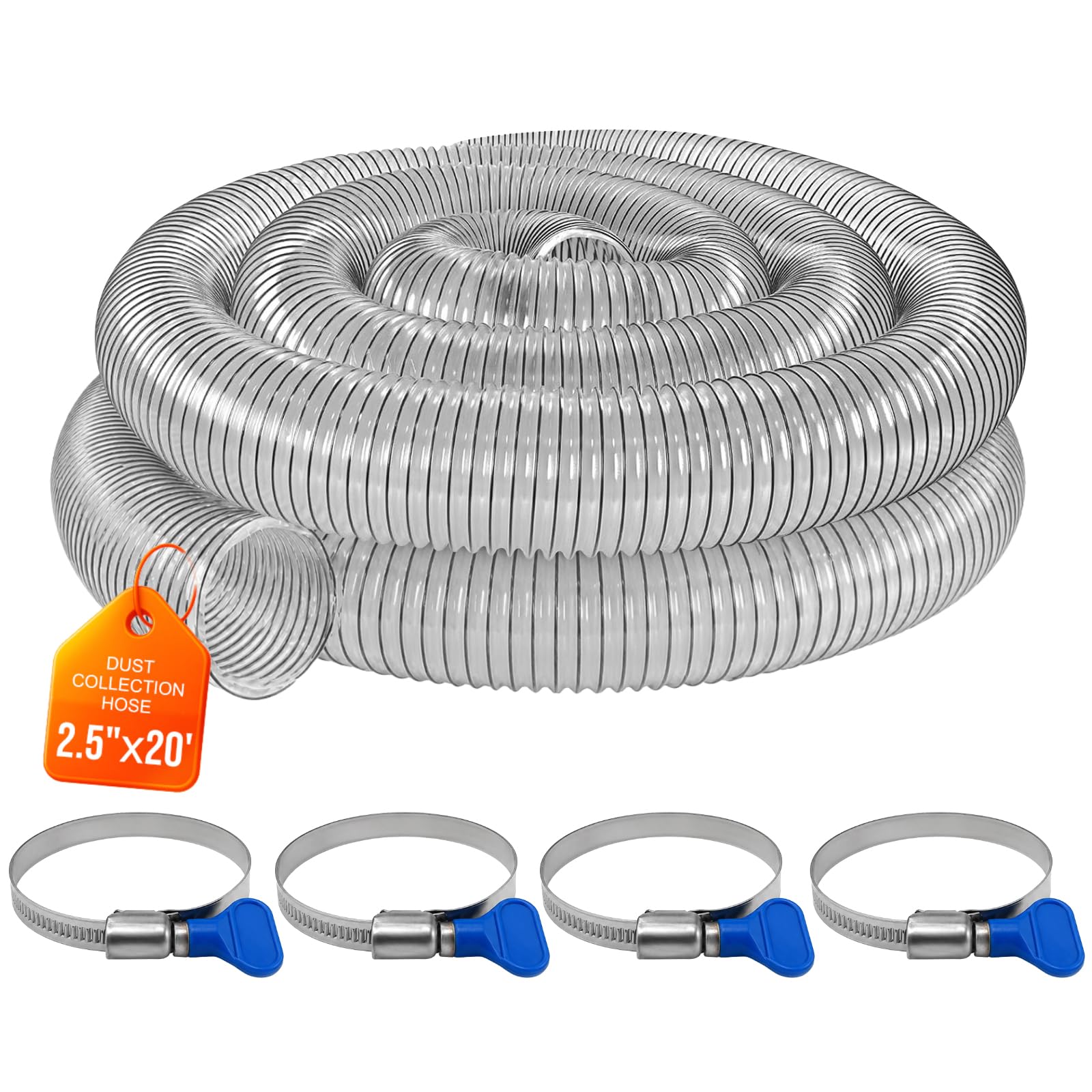2-1/2"x20' Clear PVC Dust Collection Hose, 2.5 Inch Collection Hose