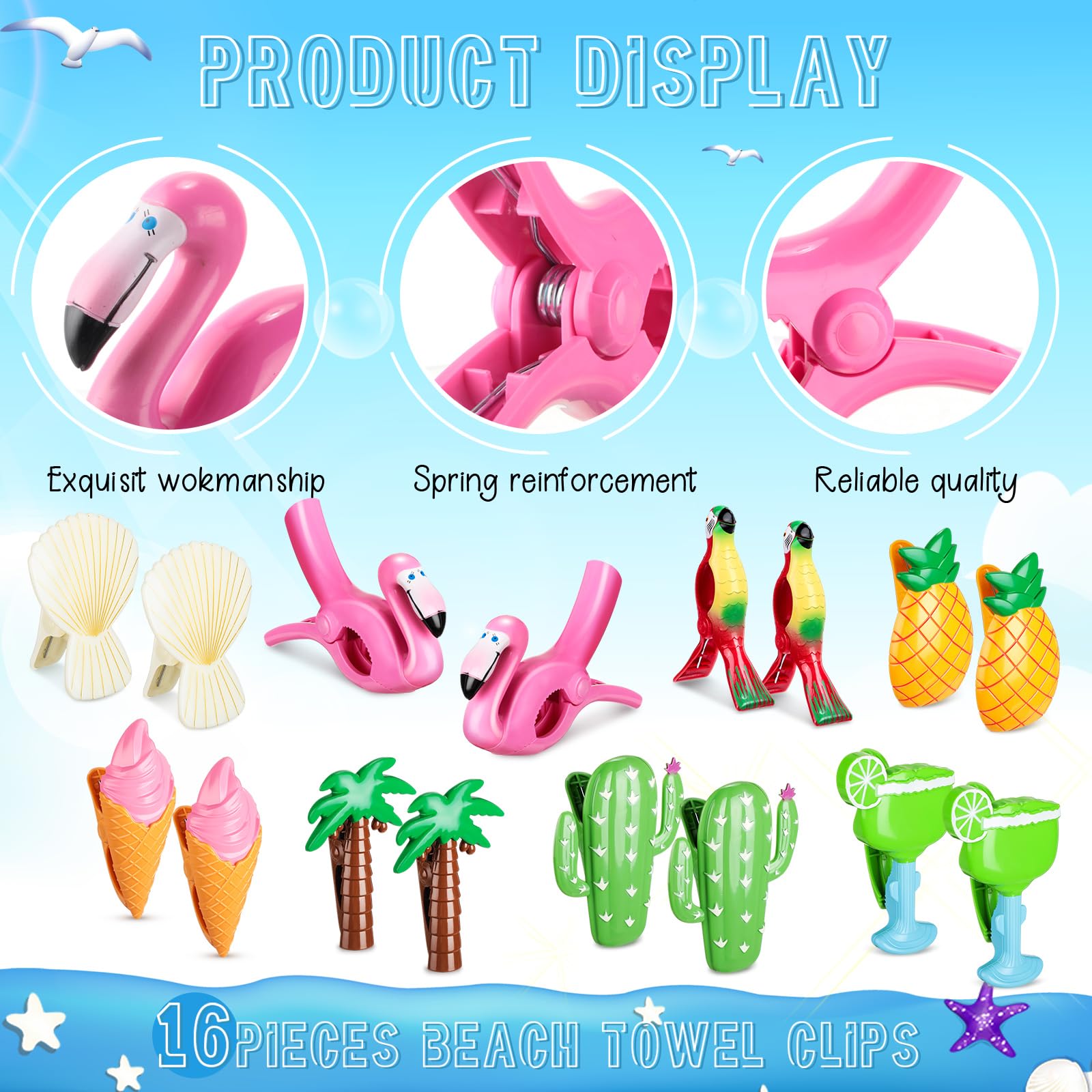 16 Pcs Beach Towel Clips for Beach Chairs Cute Towel Holder Cruise Clothes Pins for Lounge Chair Patio Pool (16 Count)