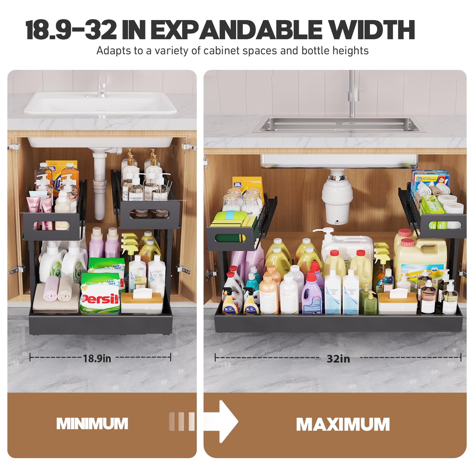 1 Pack-19"-32"W Expandable Under Sink Organizer With Upgrade Ball-Bearing Slide,2-Tier Pull Out Under Cabinet Organizer Height Adjustable,Not Suitable For Cabinets With Partitions In The Middle