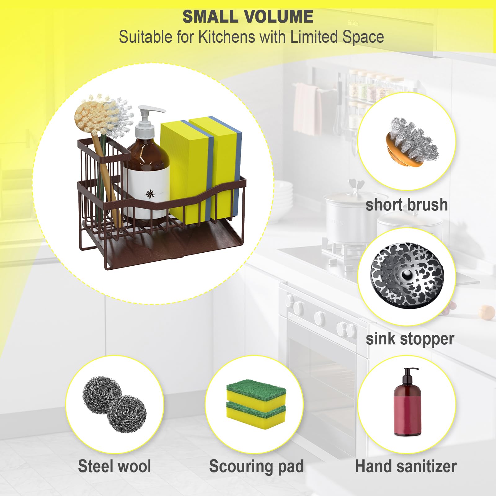 Maifan Sink Caddy Sponge Holder for Kitchen with Brush Holder and Stainless Steel Self Drain Tray
