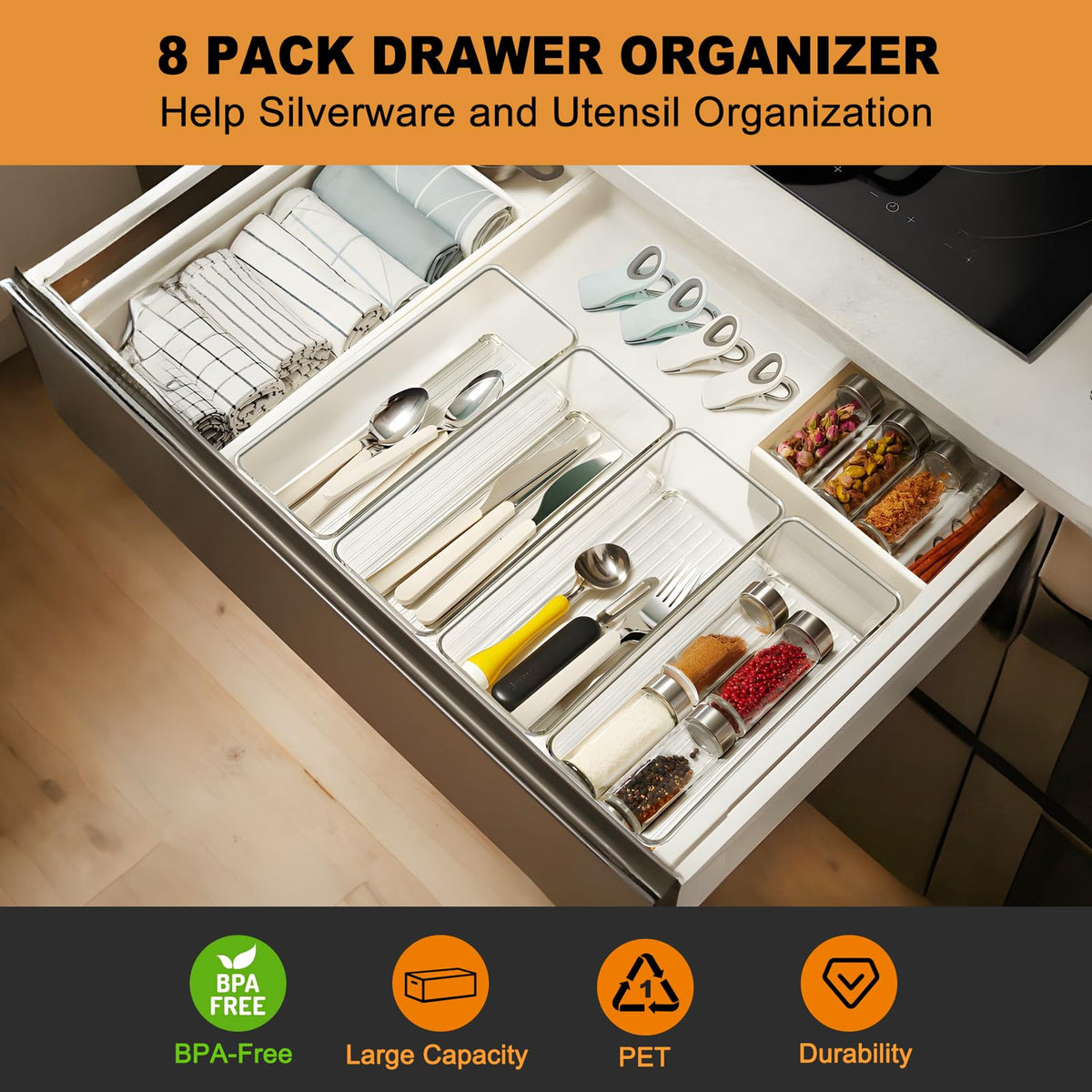 8 Pack Clear Plastic Drawer Organizers Set