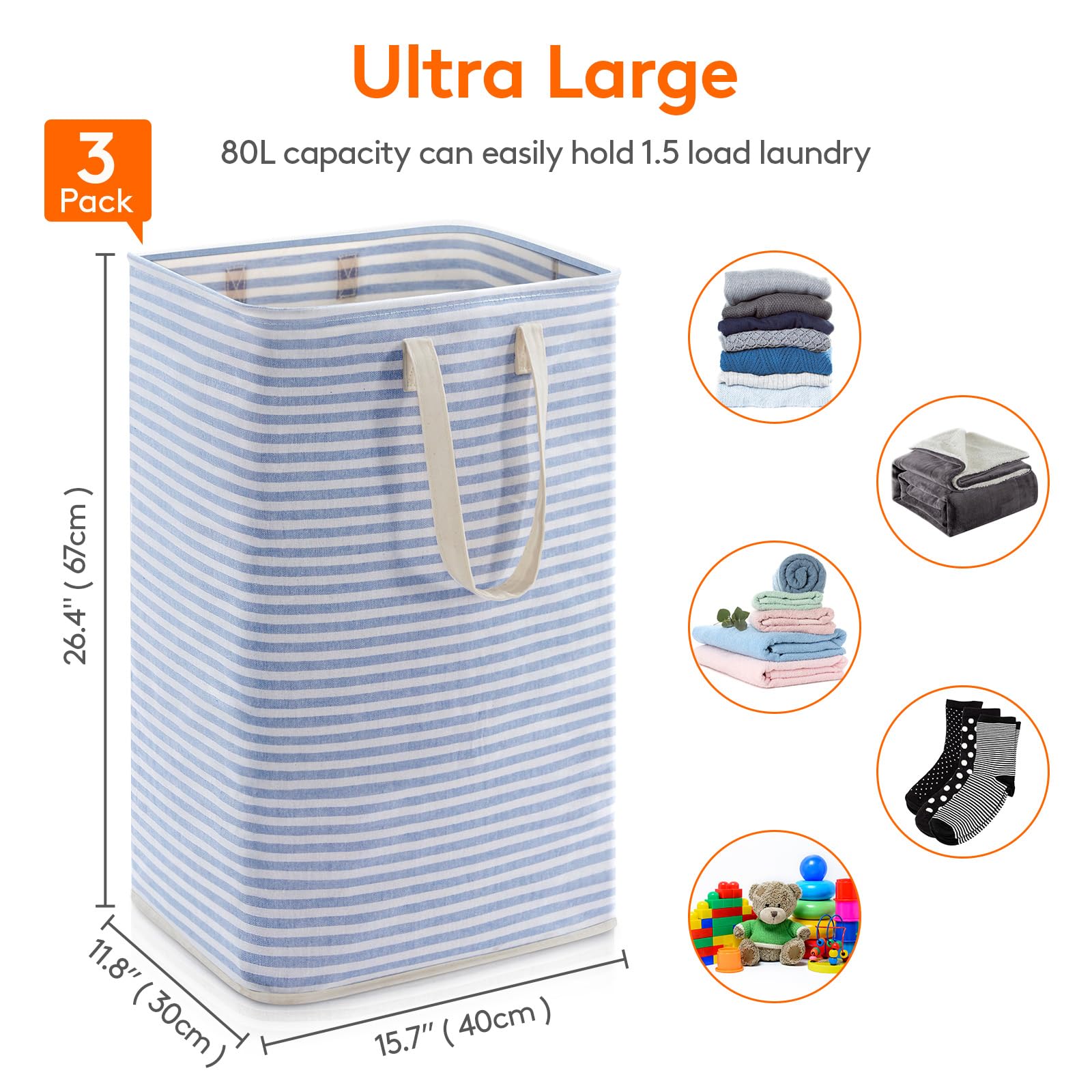 3 Pack Laundry Basket 80L Each (3 Count)
