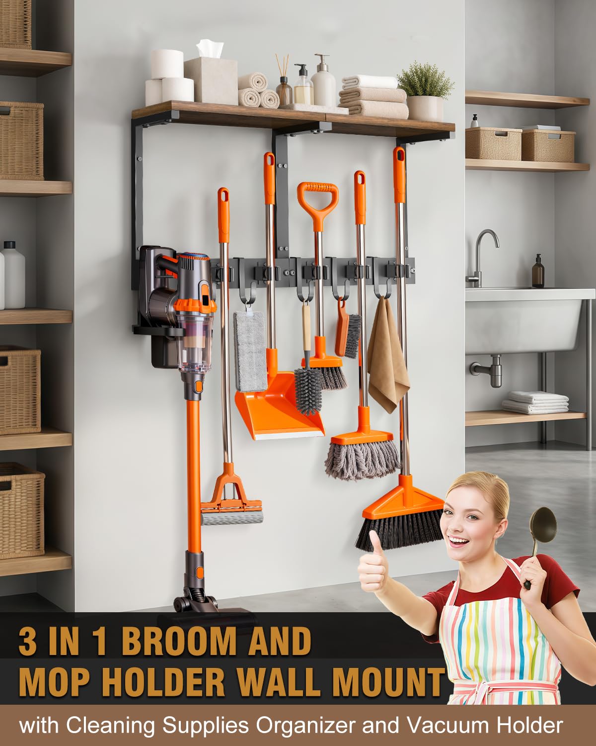 Large Broom Holder Wall Mount with Shelf