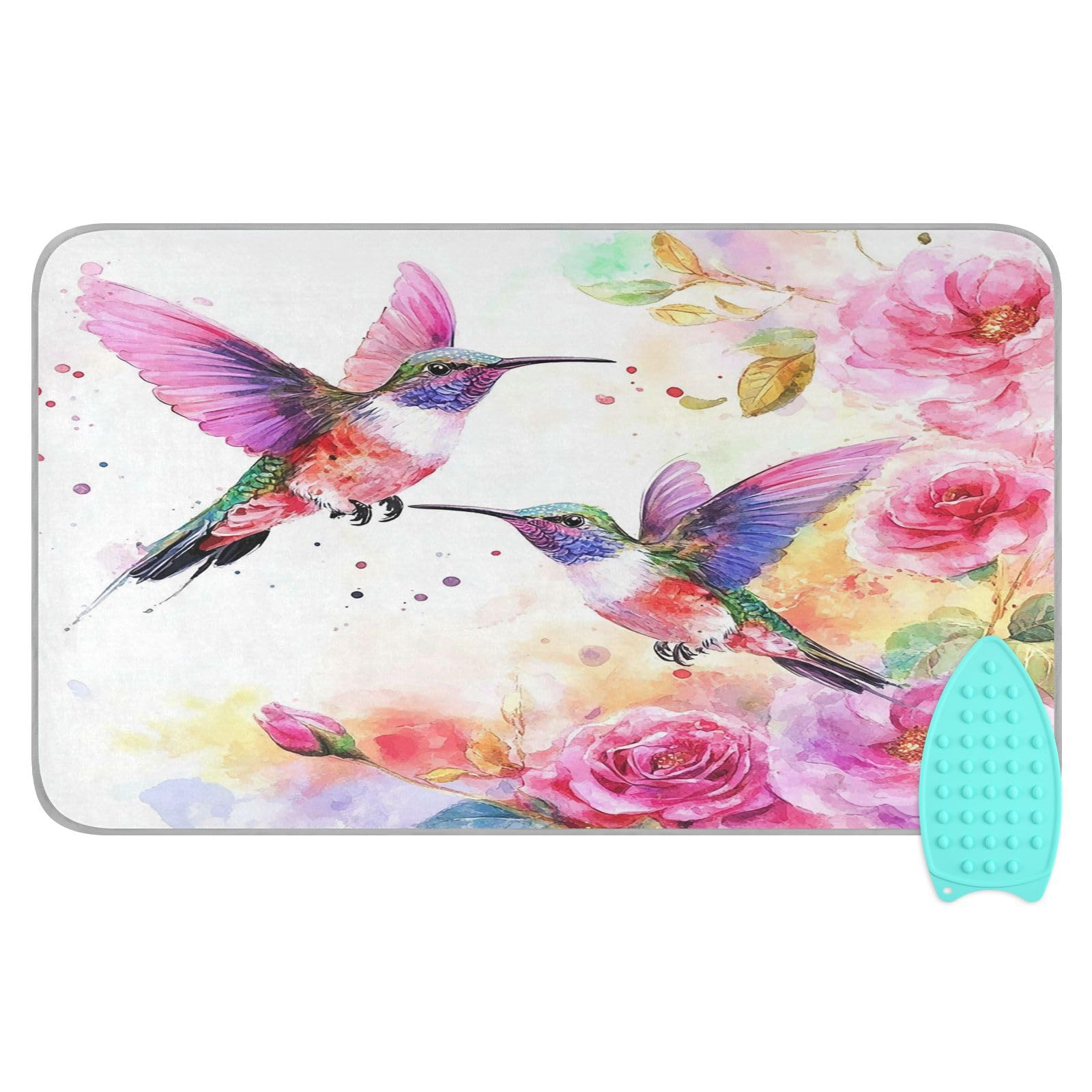 Watercolor Rose Pink Spring Hummingbird White Ironing Mat for Table top Portable Ironing Pad Blanket for Washer Dryer Countertop Travel