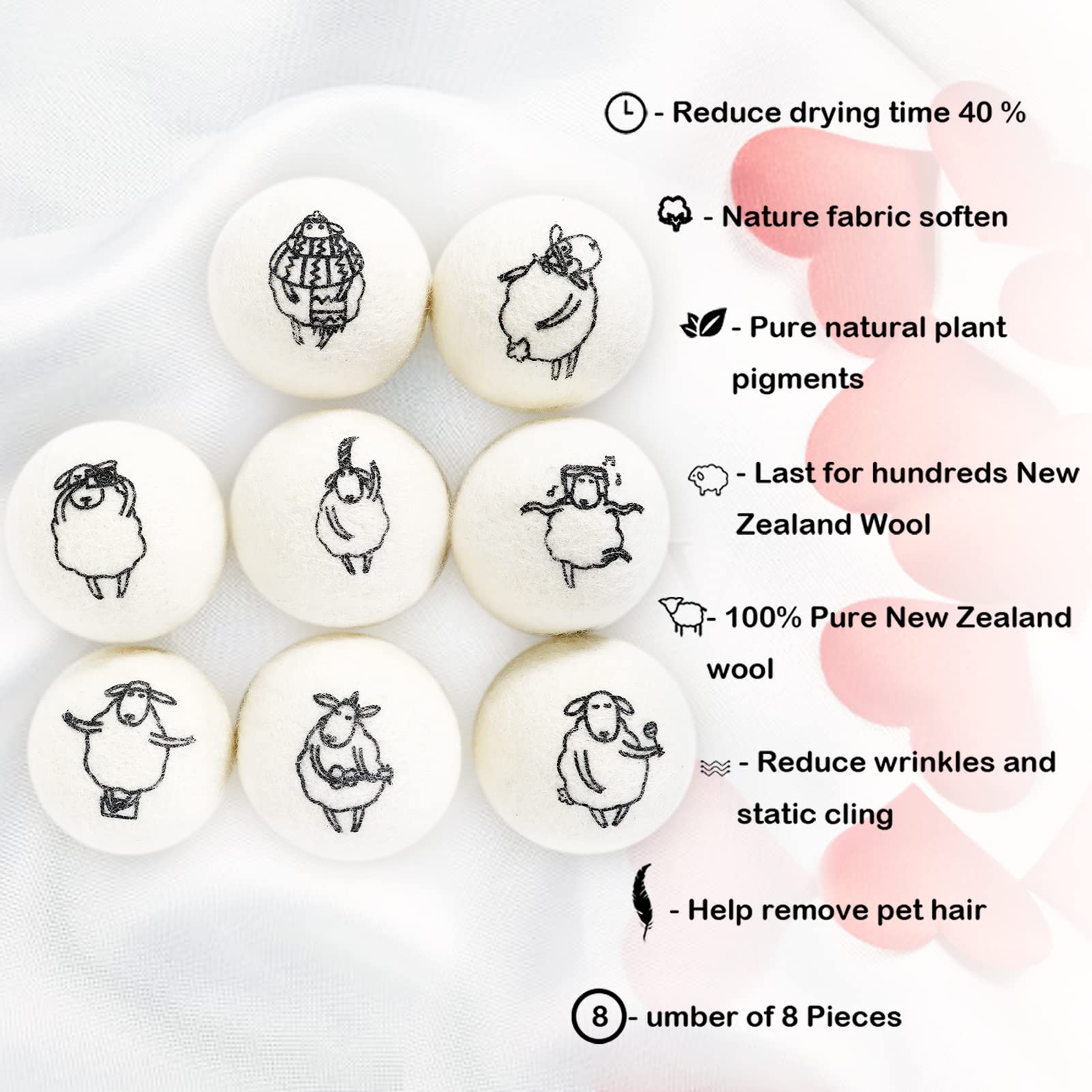 8PCS Wool Dryer Balls with Happy Sheep (8 Count)