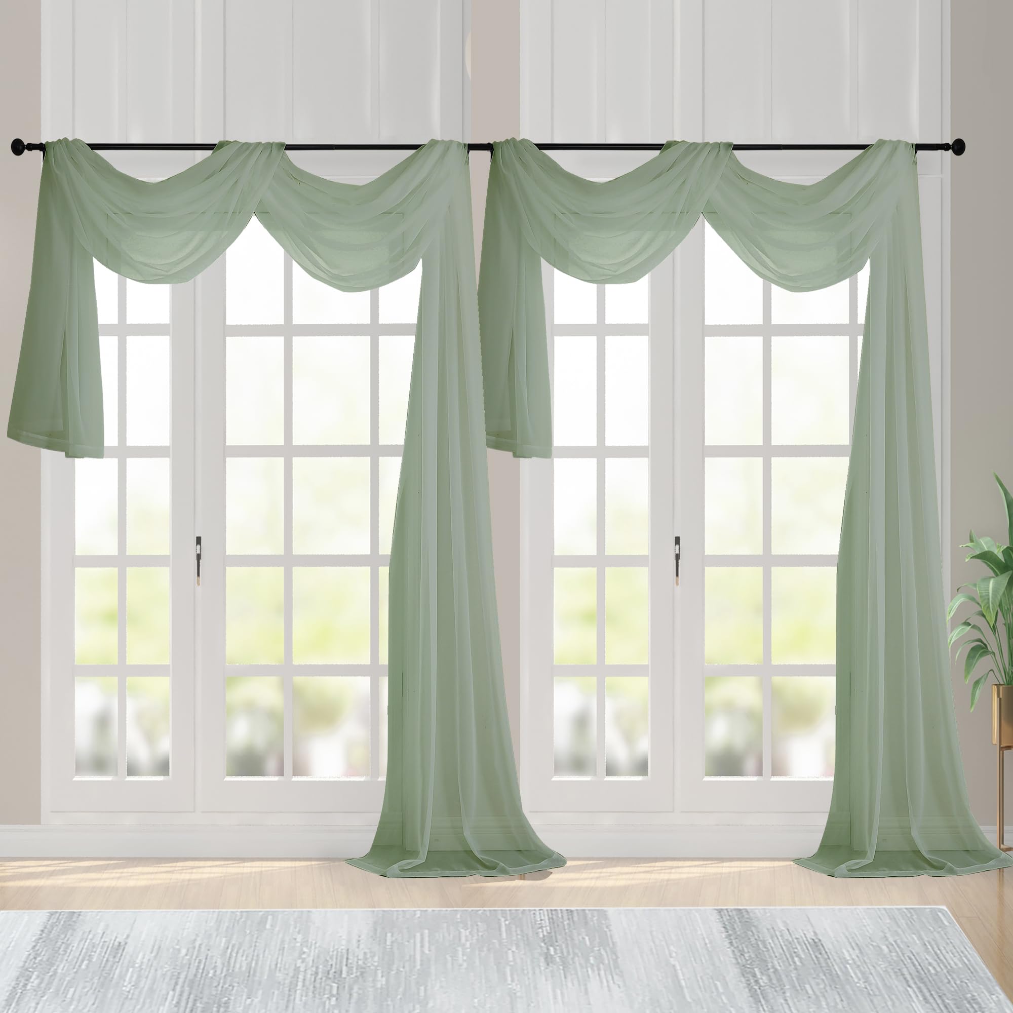 Extra Long Sage Green Sheer Curtains 144 inch 2 Panels (2 Count)