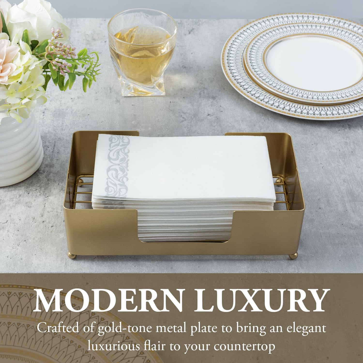 Gold Tone Metal Guest Towel Holder Countertop Dispenser Tray