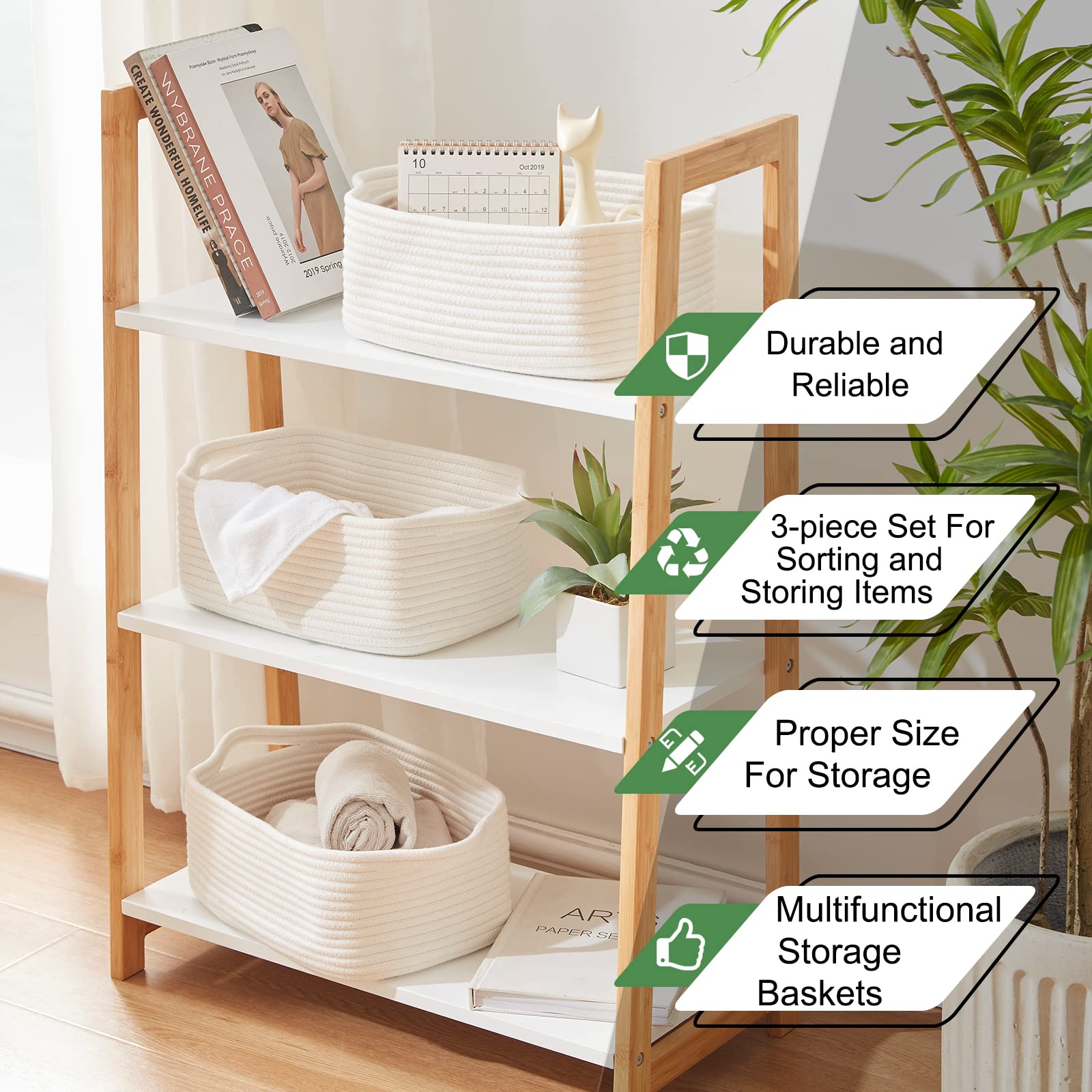 3 Pack Storage Baskets for Shelves Cotton Rope Storage Bins White (3 Count)