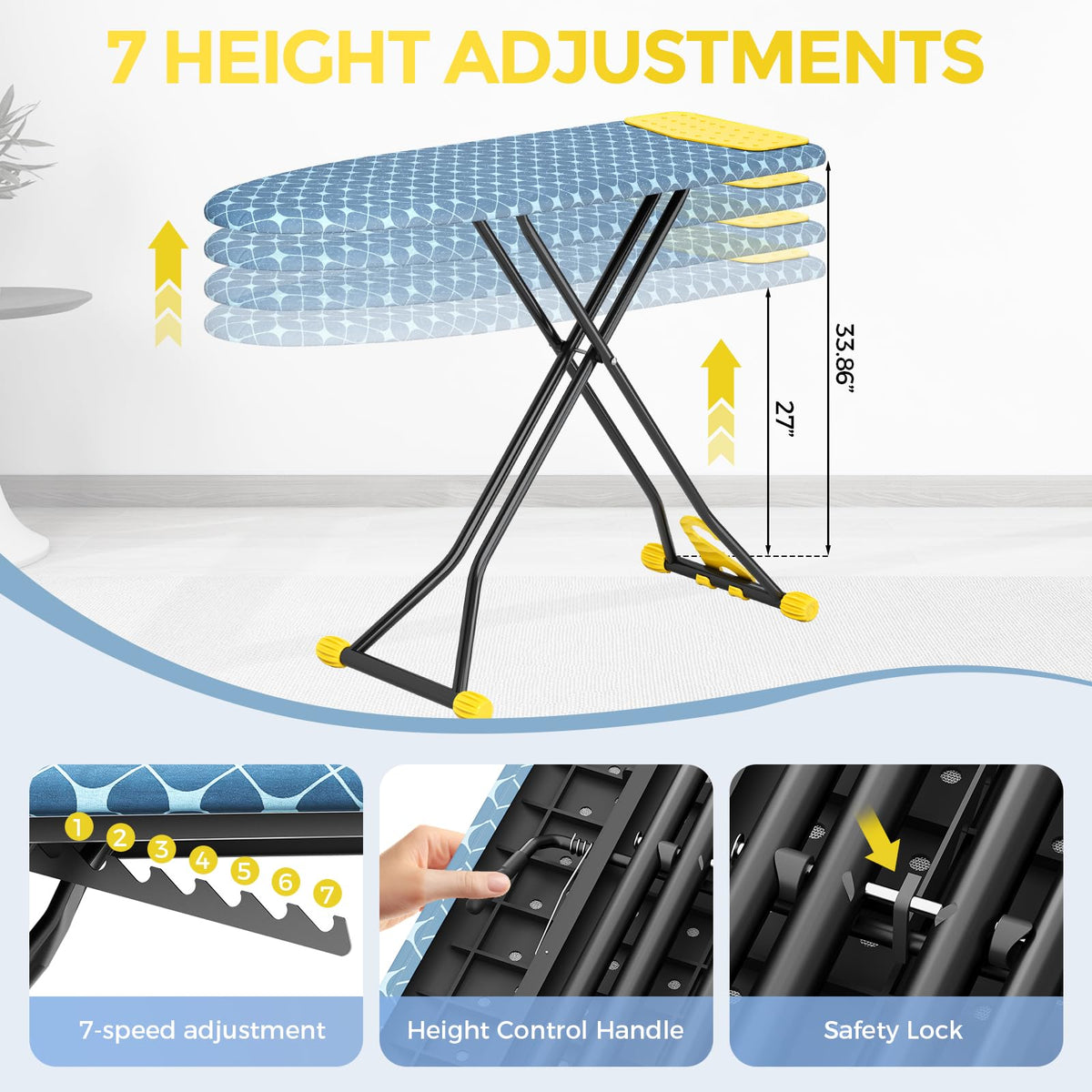Foldable 7 Level Heigh Adjustable Ironing Board with Iron Rest