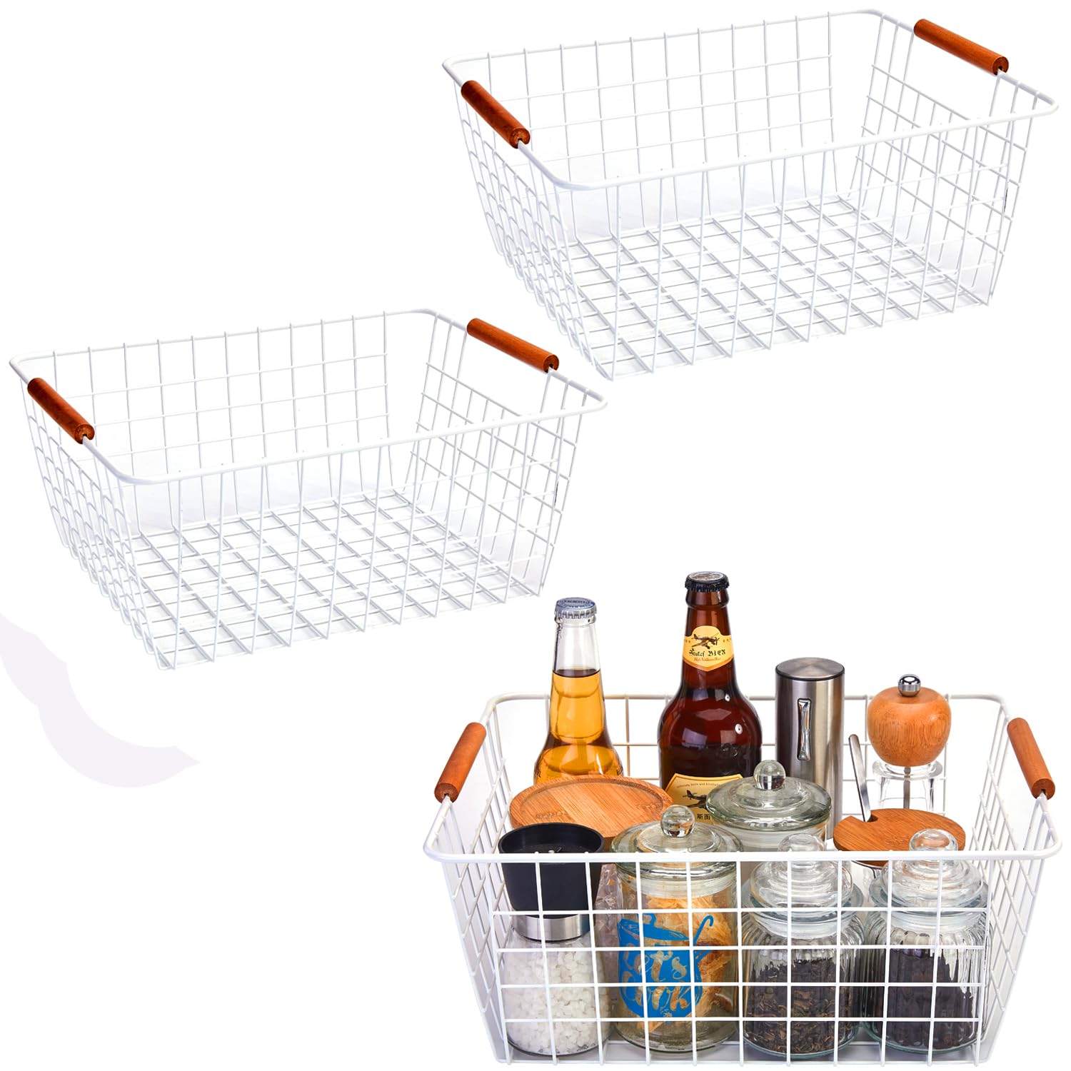 Large white wire baskets with Wooden Handles for storage pantry
