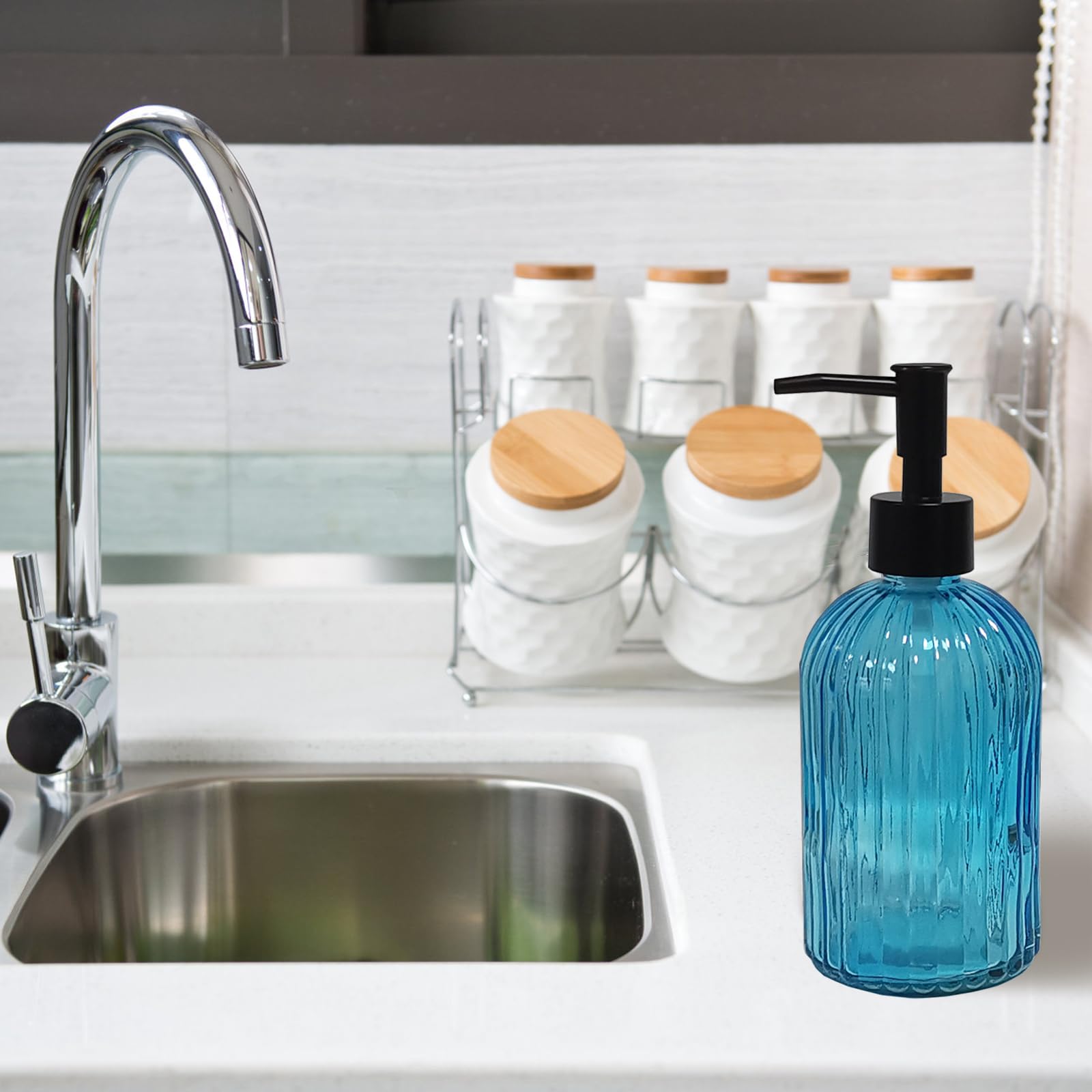 Blue Glass Soap Dispenser Set with Black Pump