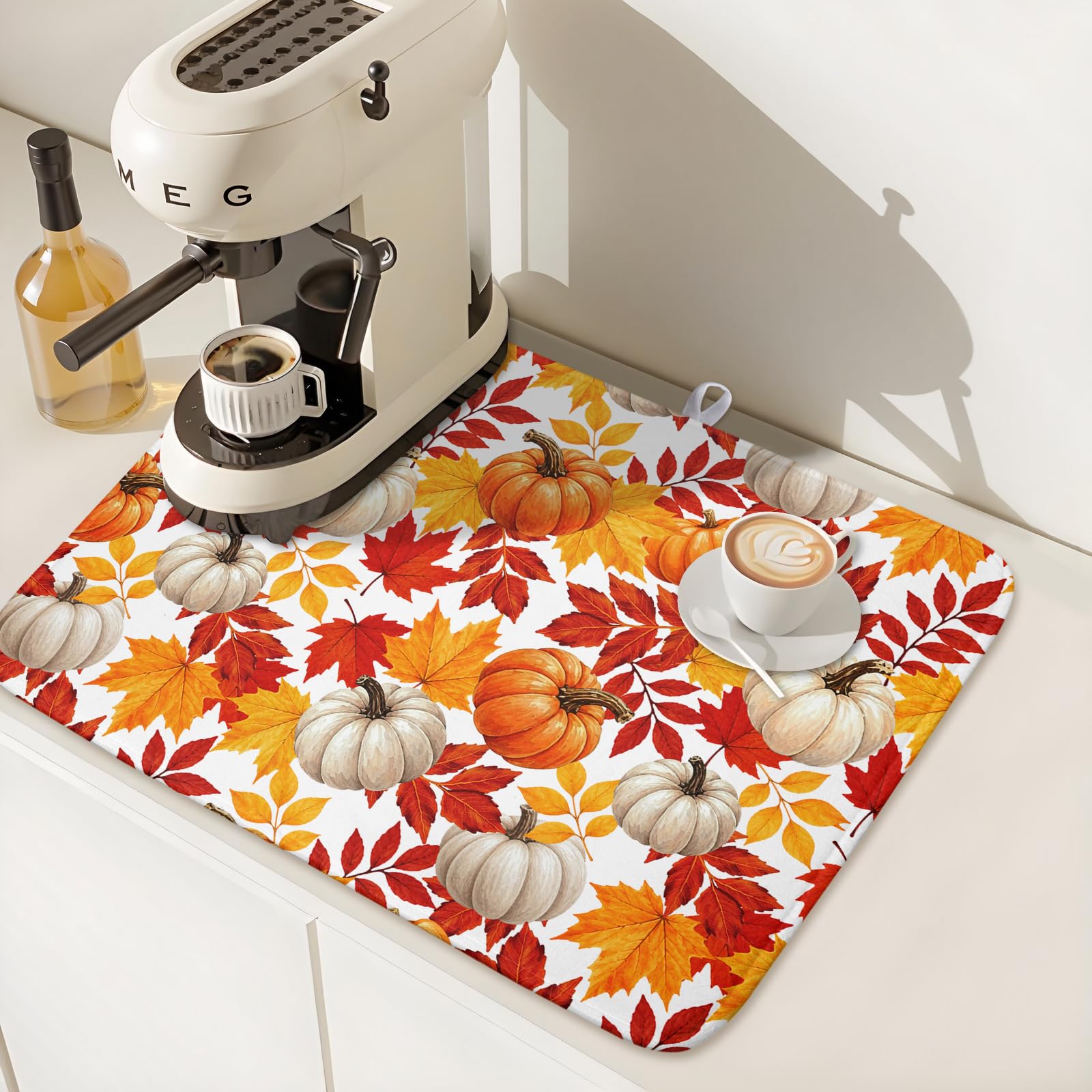 Fall Pumpkin Dish Drying Mat for Kitchen Counter 16x18 Inch Autumn Pumpkins Maple Leaves Drying Mats Thanksgiving Absorbent Reversible Dish Pad Fast Dry Drainer Mat Protector for Countertop Coffee Bar