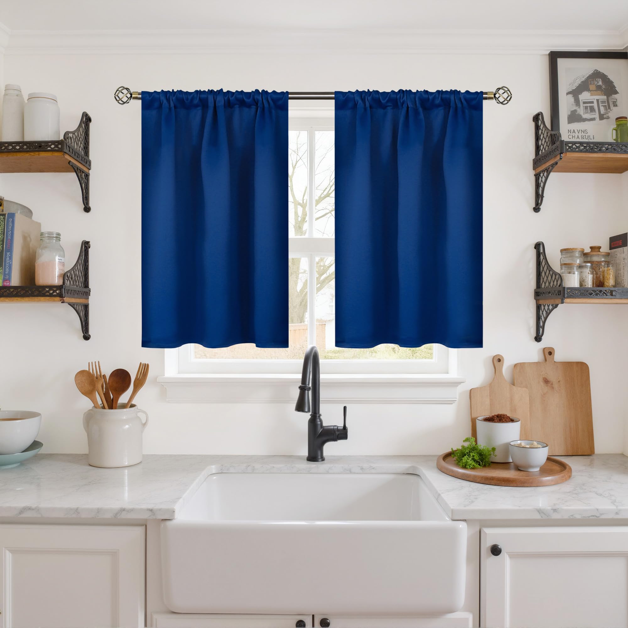 Royal Blue Blackout Kitchen Curtains 36 Inch Length (2 Count)