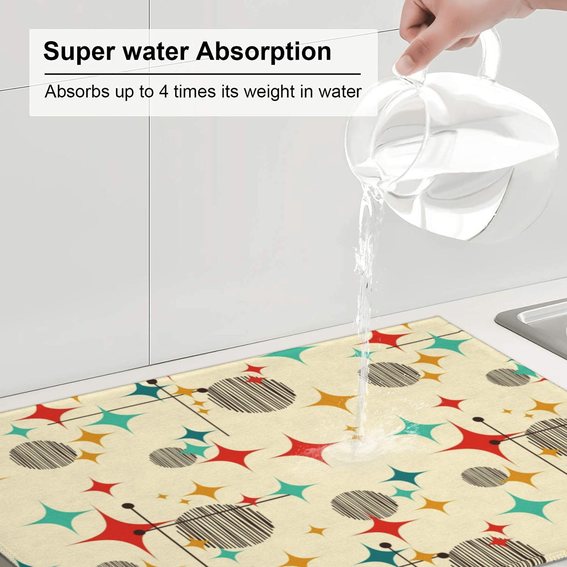 Mid Century Modern Atomic Retro Dish Drying Mat for Kitchen Counter