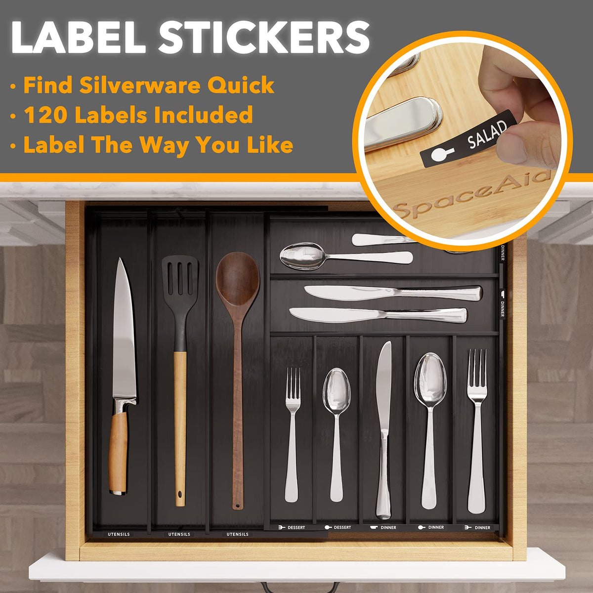 Bamboo Silverware Drawer Organizer with Labels
