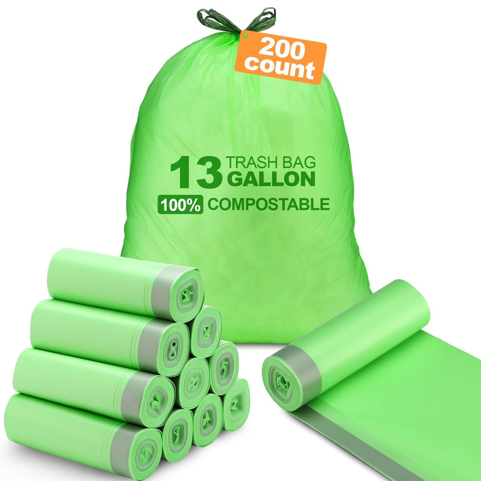 200 Count 13 Gallon Compostable Trash Bags with Drawstring Tall Kitchen Food Scrap Waste Bag Heavy Duty Extra Thick 1 Mil Tear Resistant for Lawn Yard Home Kitchen Office (10 Count)