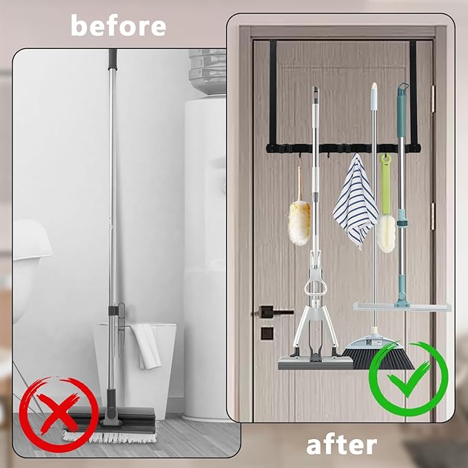 Over The Door Broom Holder with 2 Over Door Hooks Wall Mount Mop and Broom Holder Stainless Steel Mop Holder Utility Broom Gripper Drilling Free Mop Hanger for Home Bathroom Kitchen Garden