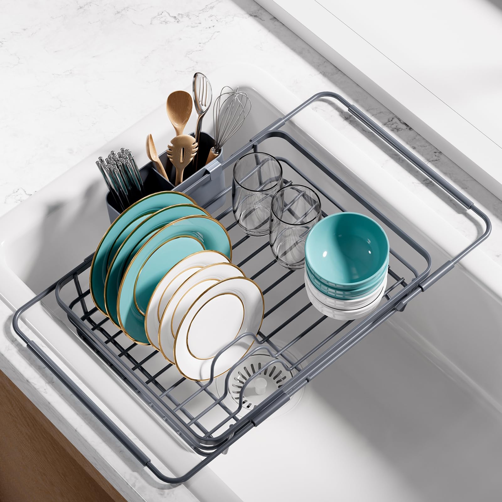 Extendable Dish Drying Rack Over Sink with Dish Drainer