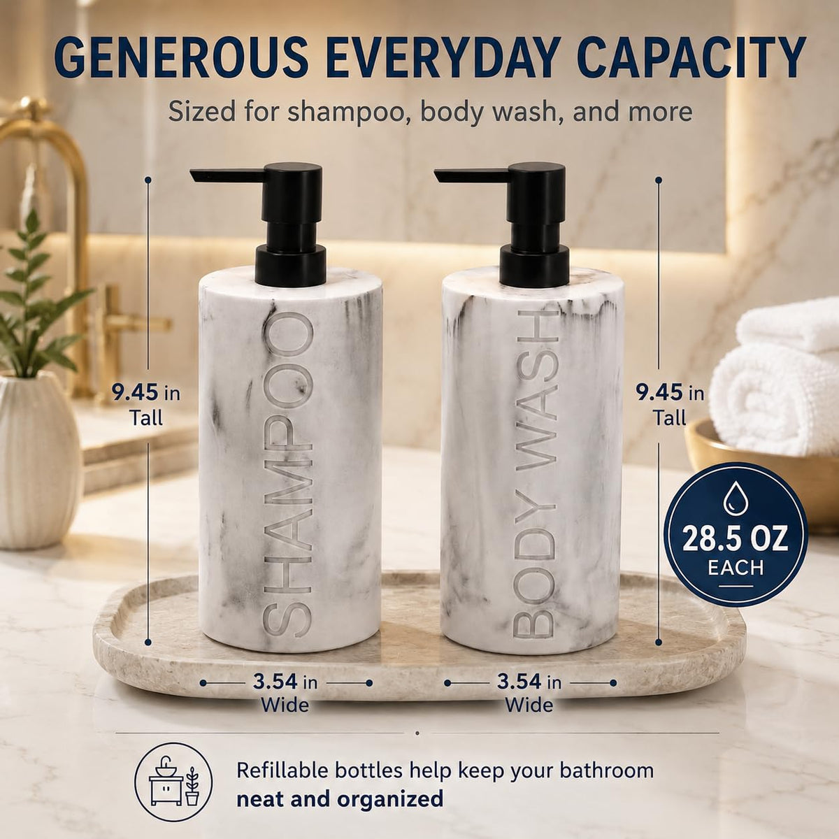 Marble Resin 2 Piece Shampoo and Body Wash Dispenser Set