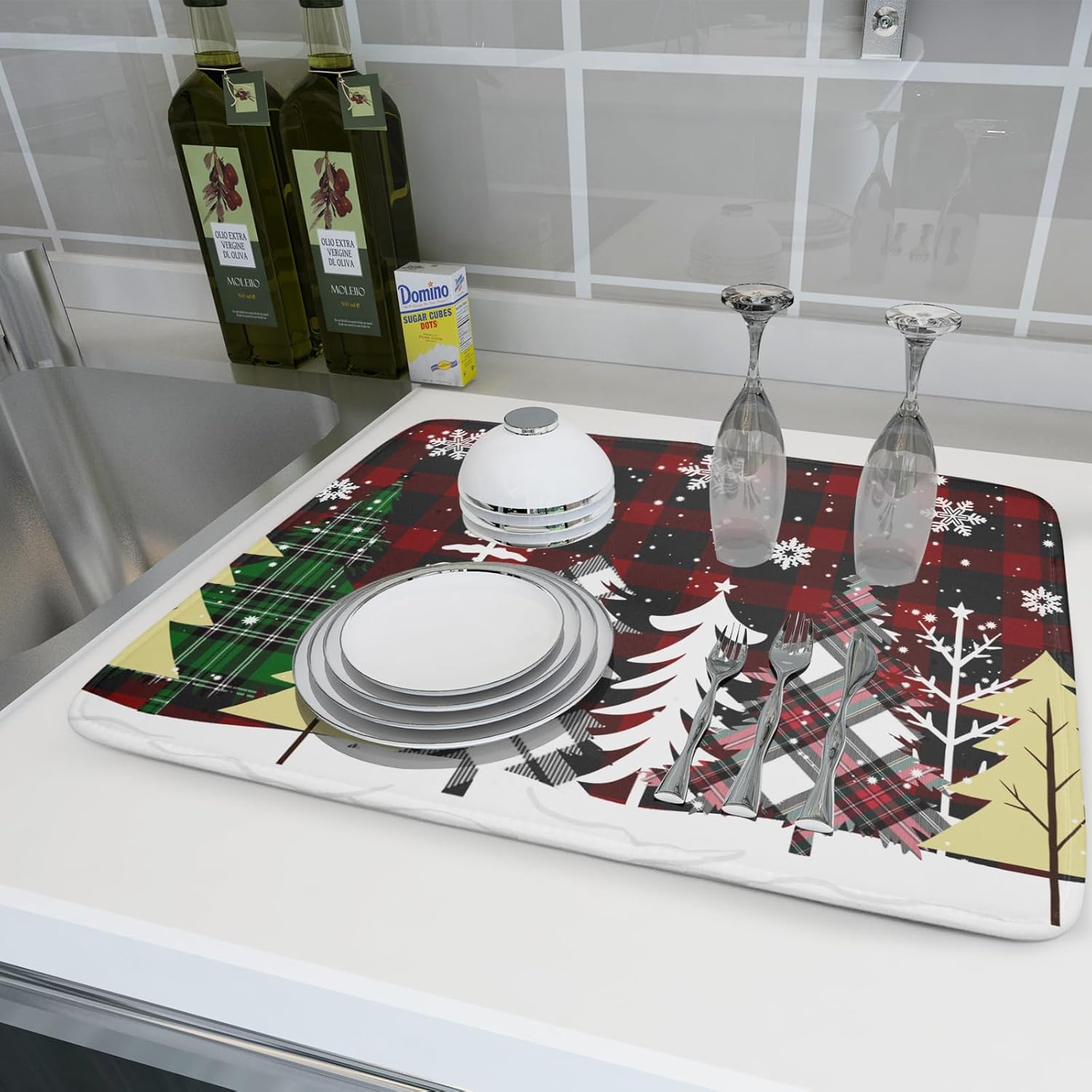 Christmas Dish Drying Mat for Kitchen Counter 16”x18” Christmas Tree Buffalo Plaid Dish Draining Mat Ultra Absorbent Microfiber Pad Holiday Mats Fast Drying Mat Table Protector for Countertop Bar