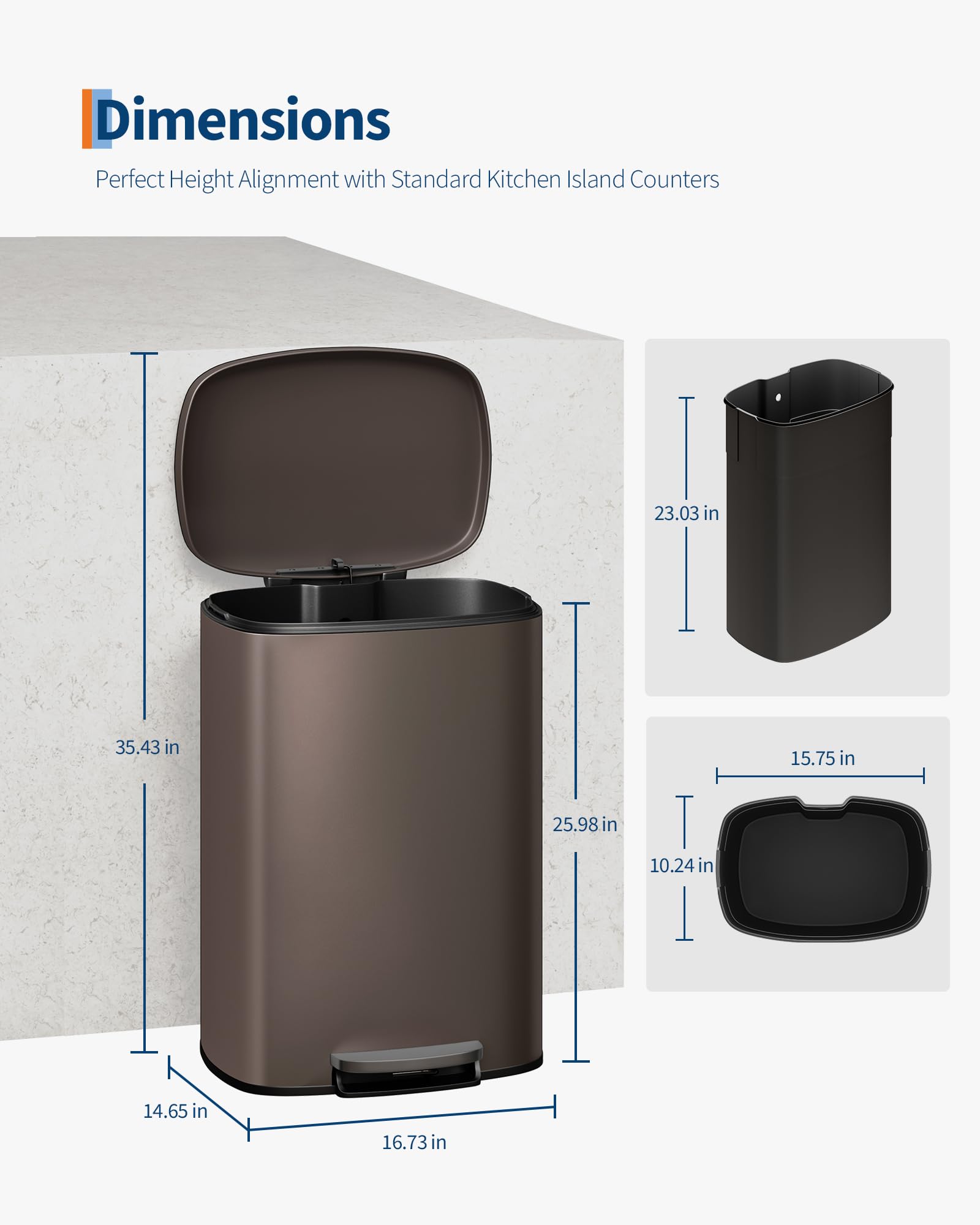 13 gal (50 L) and 2.6 gal (10 L) Metal Trash Can Combo Set, Rustproof Garbage Can with Lid, Step-on Trash Bin with Inner Bucket, Rear Handle, Brown