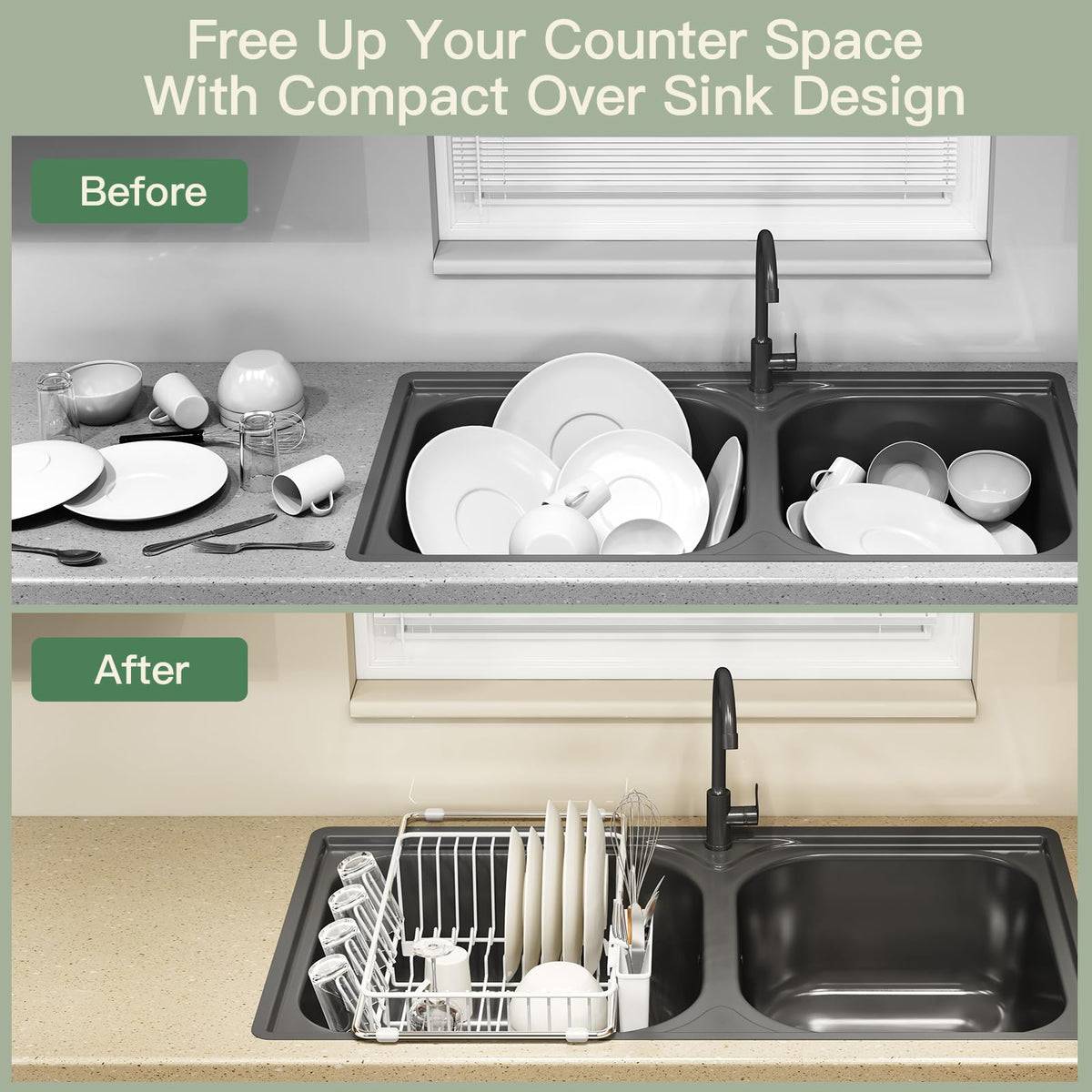 White Dish Drying Rack Over The Sink with Utensil Holder