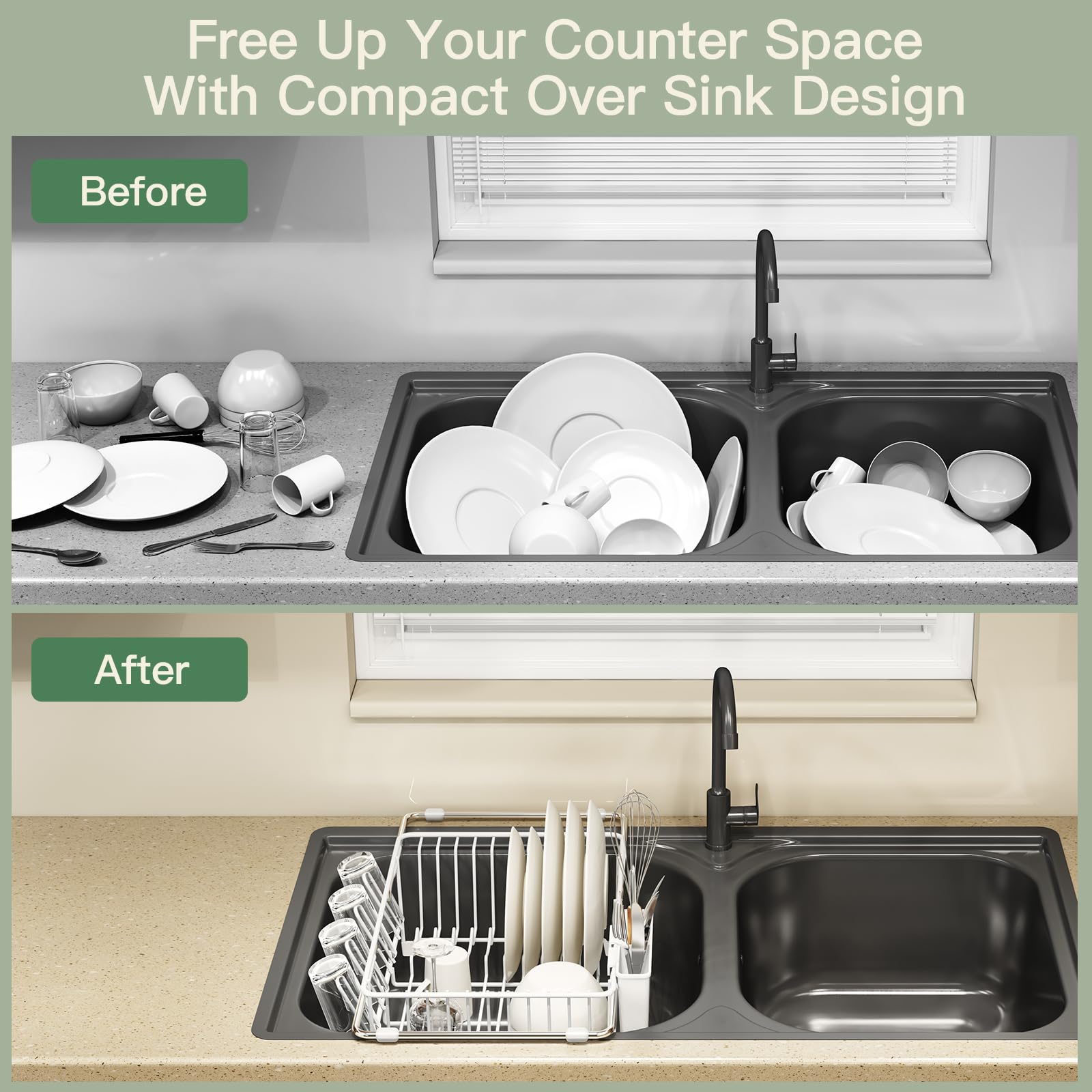 White Dish Drying Rack Over Sink with Utensil Holder