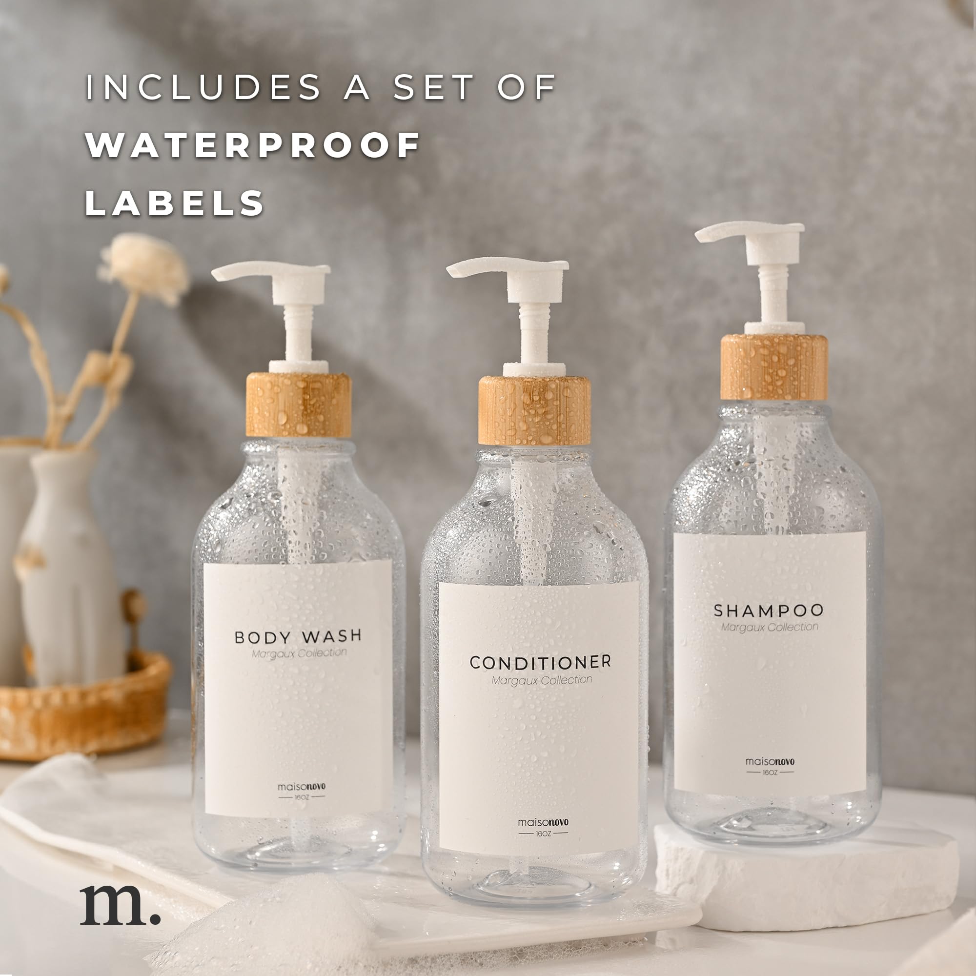 Shampoo and Conditioner Bottles Set of 3 Clear Bamboo (3 Count)