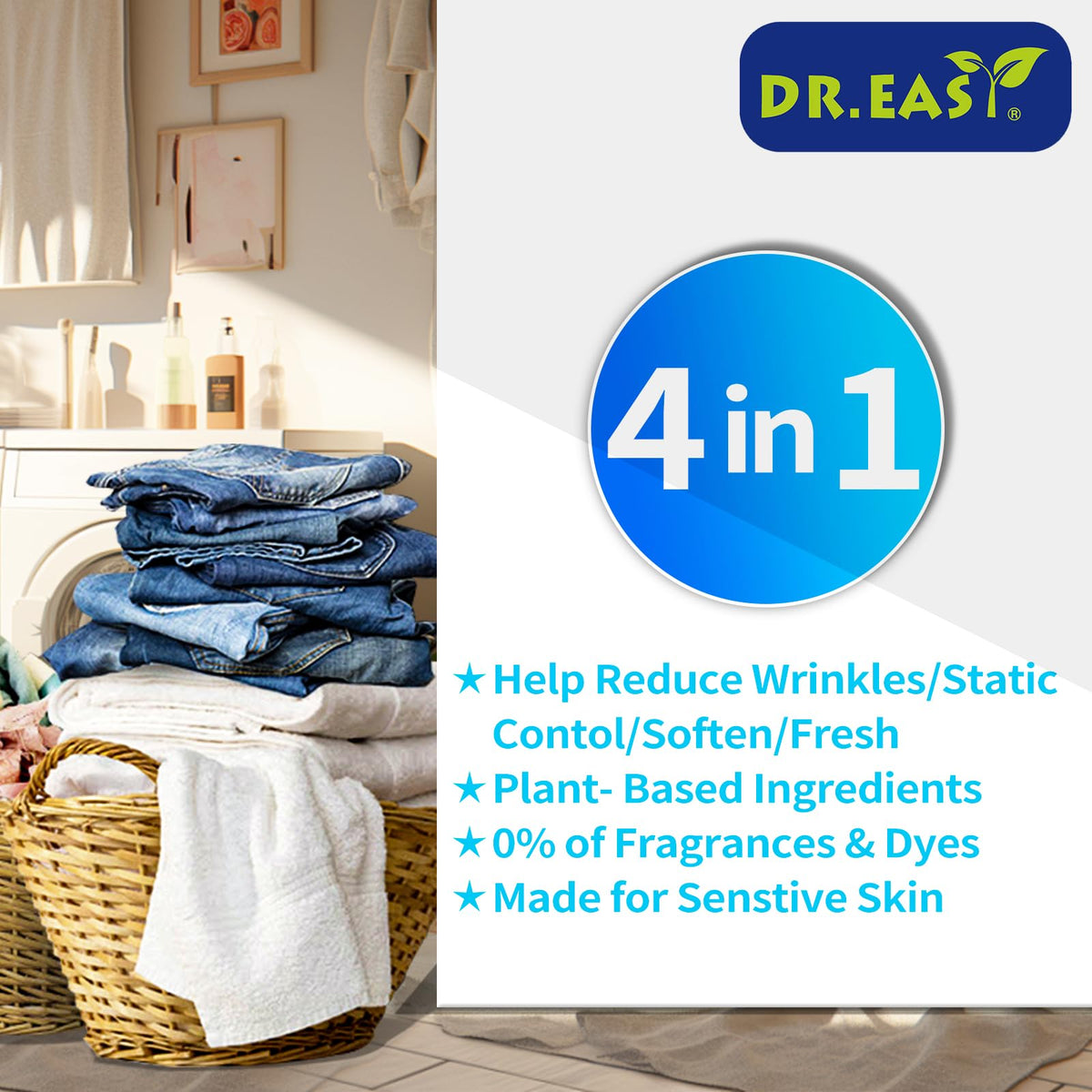 DR.EASY Dryer Sheets Plant Based Formula 252 Ct Fabric Softener sheets for Laundry Free & Clear Essential Oil Scented No Artificial Fragrances No Dyes Reduce Static & Wrinkles Help Repel Pet Hair (252 Count)