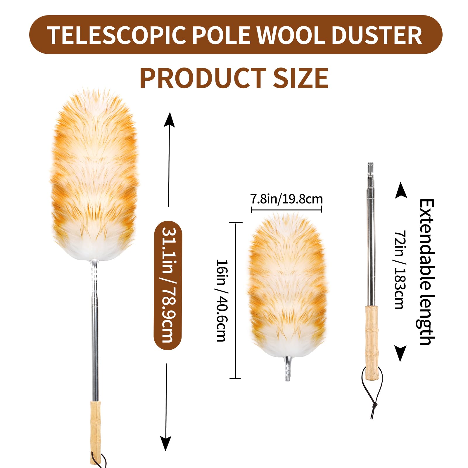 Lambswool Duster for Cleaning with Solid Wooden Handle Leather Hang Strap 87.8" Removable Retractable Feather Duster for Cleaning Ceiling Fans Window Blinds Interior Roof Furniture