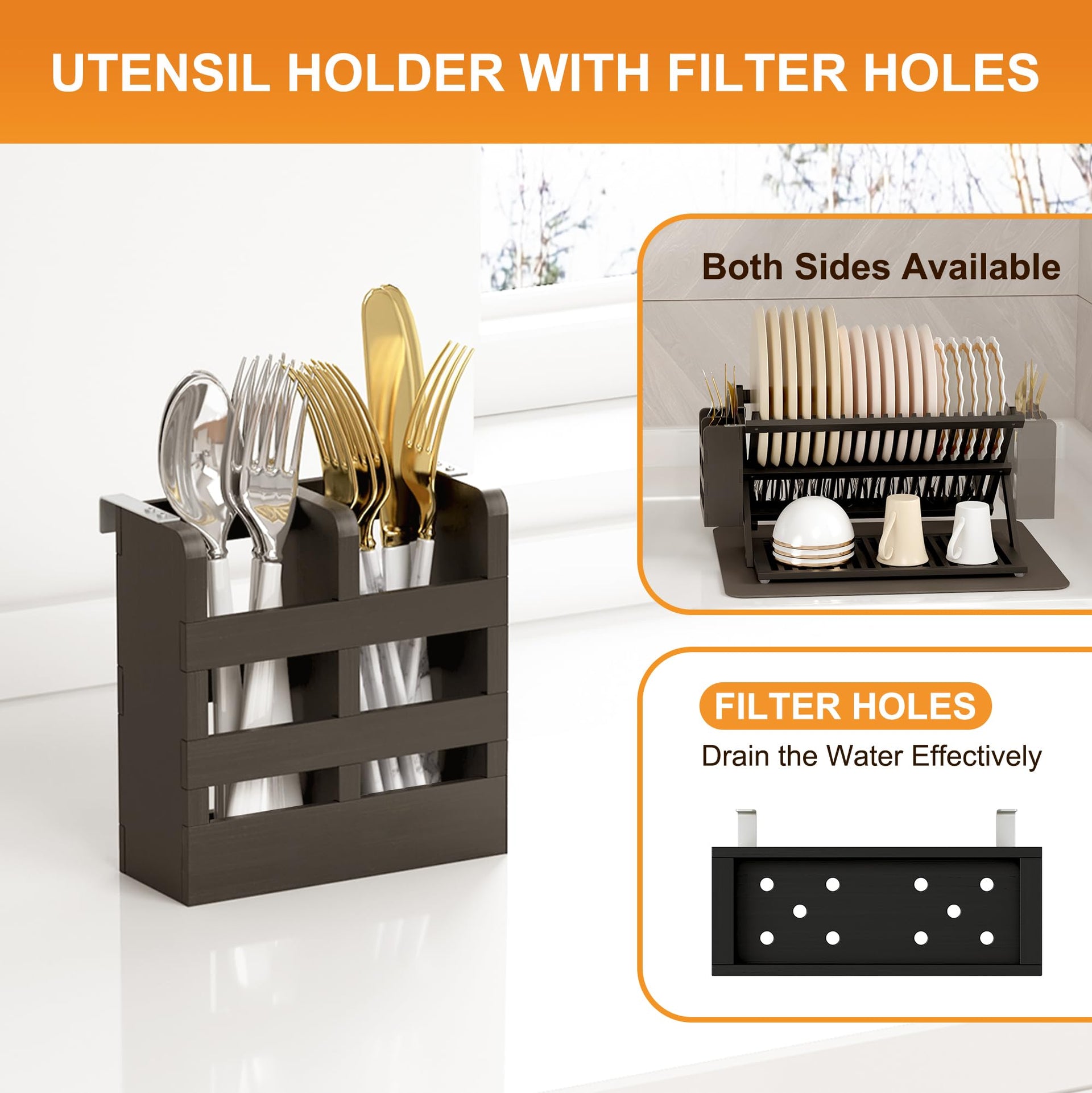 Black Bamboo Dish Drying Rack with Utensil Holder