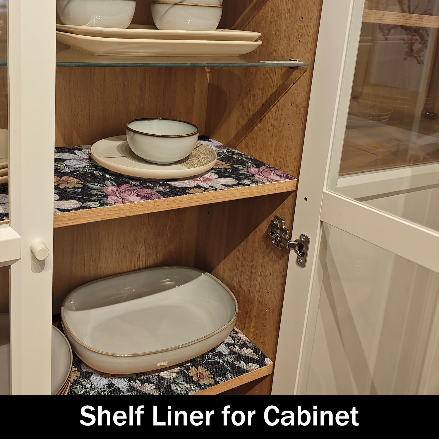 Black Retro Floral Shelf Drawer Liner for Kitchen 12IN x 20FT (19.36 Sq Ft)
