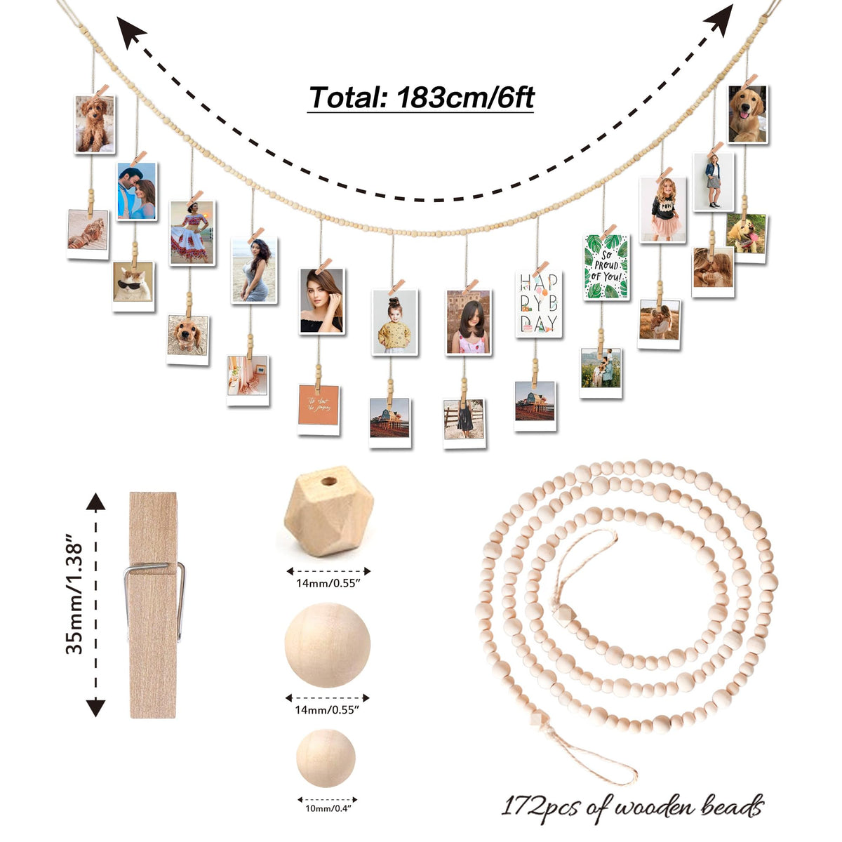 6 Feet Wooden Beads Garland with Clothespins Picture Cards Holder