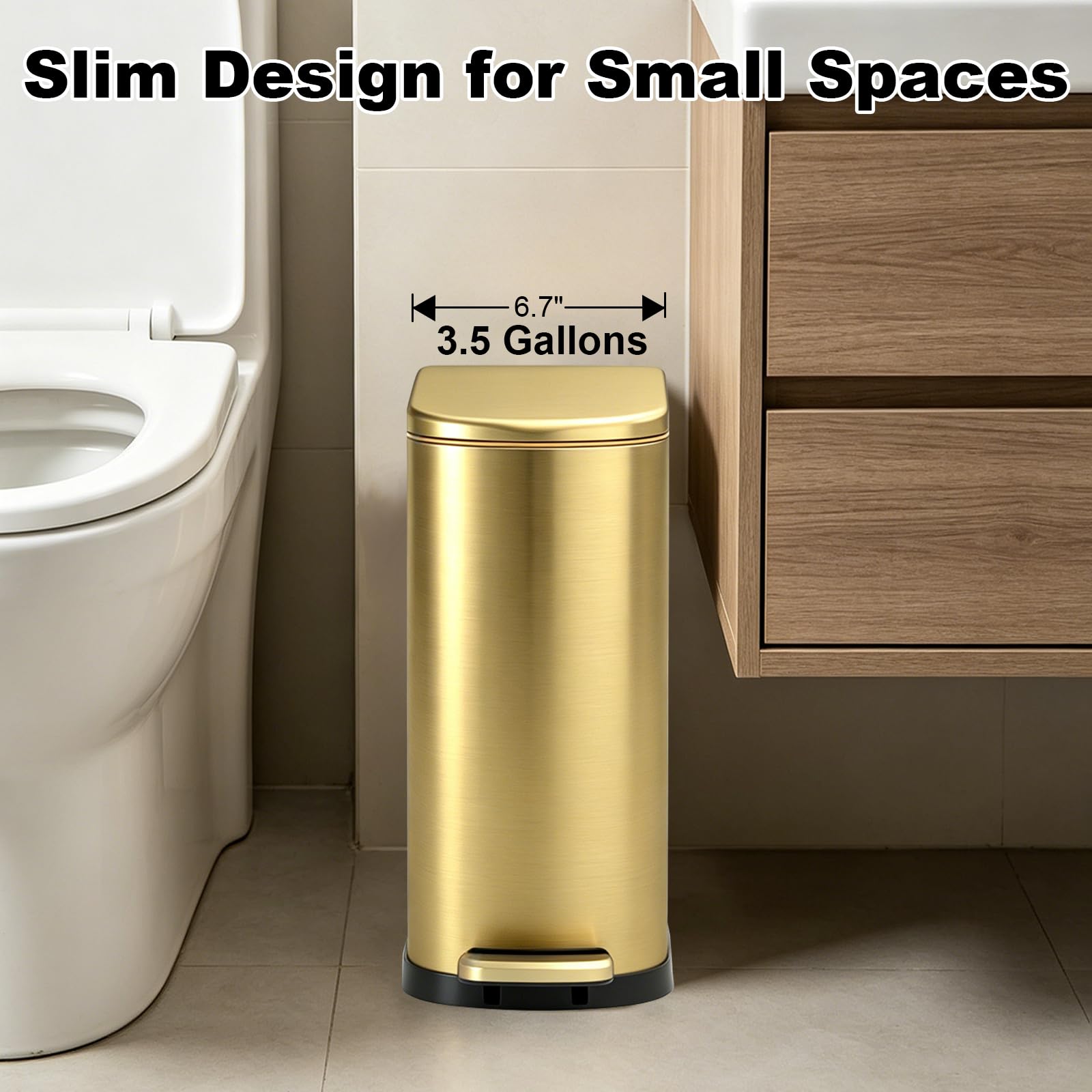Bathroom Trash Can with Soft Close Lid 3.5 Gallon Gold