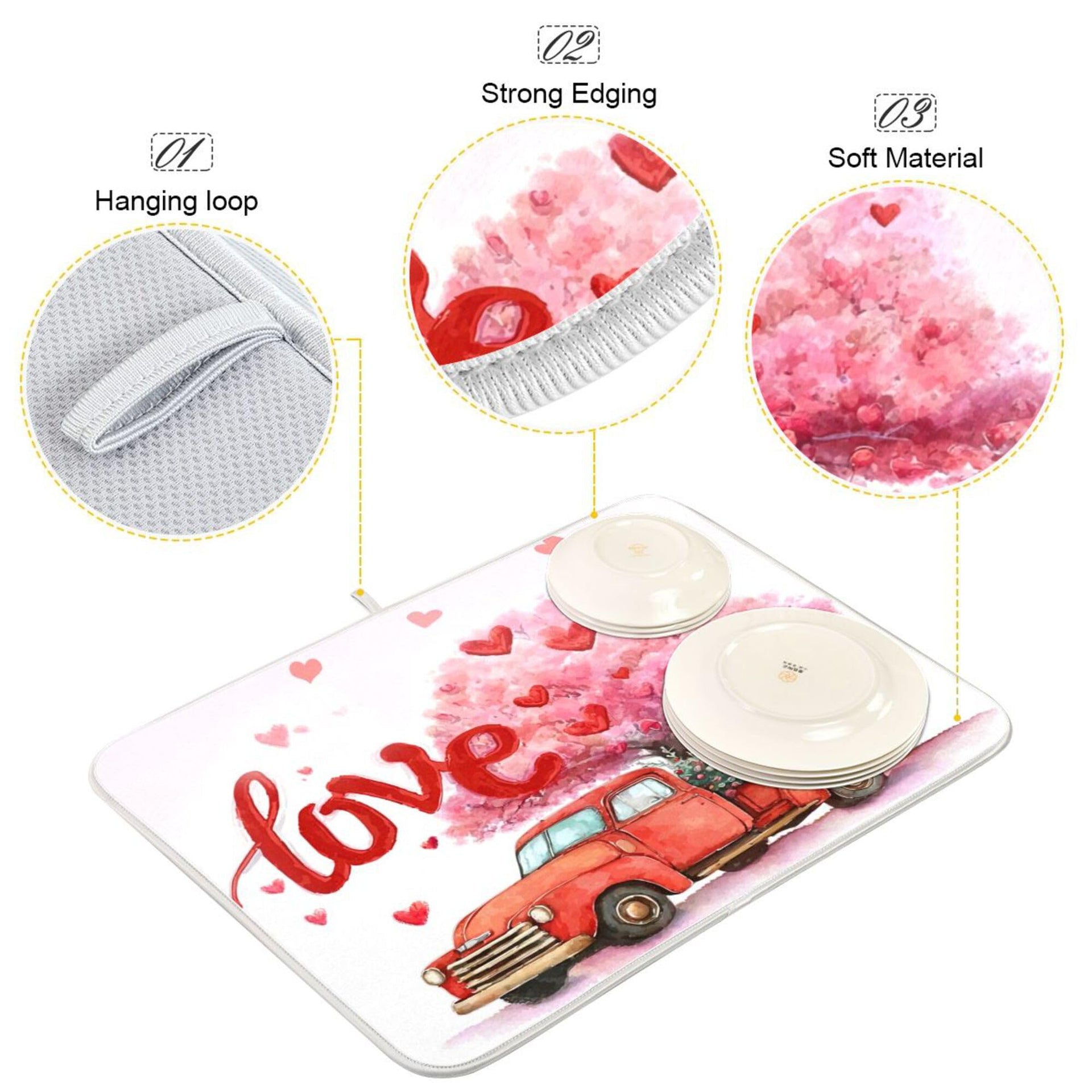 Valentine’s Day Love Tree Dish Drying Mat for Kitchen Countertop 16x18 Happy Valentines Day Gnomes White Small Drying Mat Reusable Quick Dry Dish Sink Mats Easy Clean Decorative Essentials