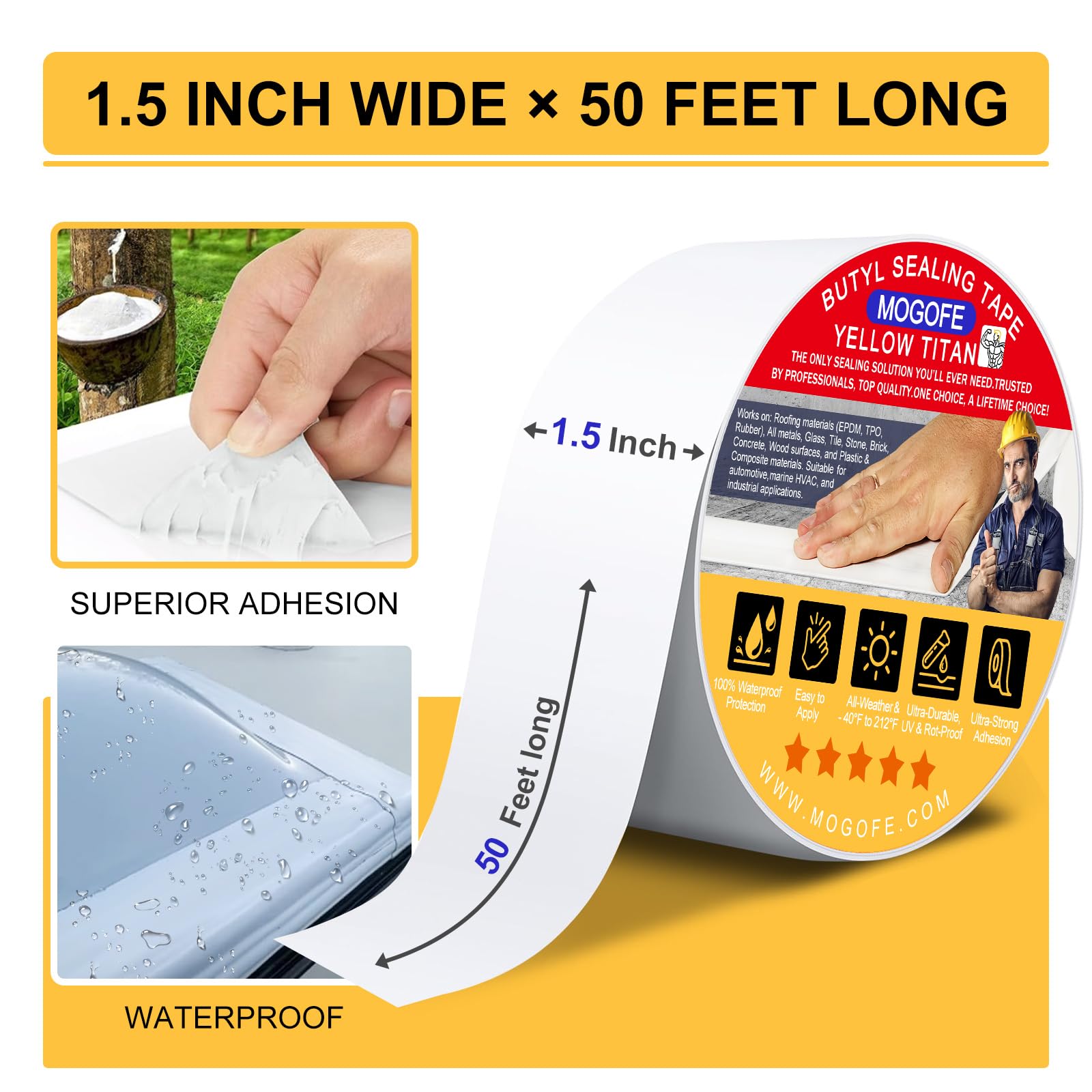 Yellow Titan RV Roof Sealant Tape White 1.5" x 50' Waterproof Tape