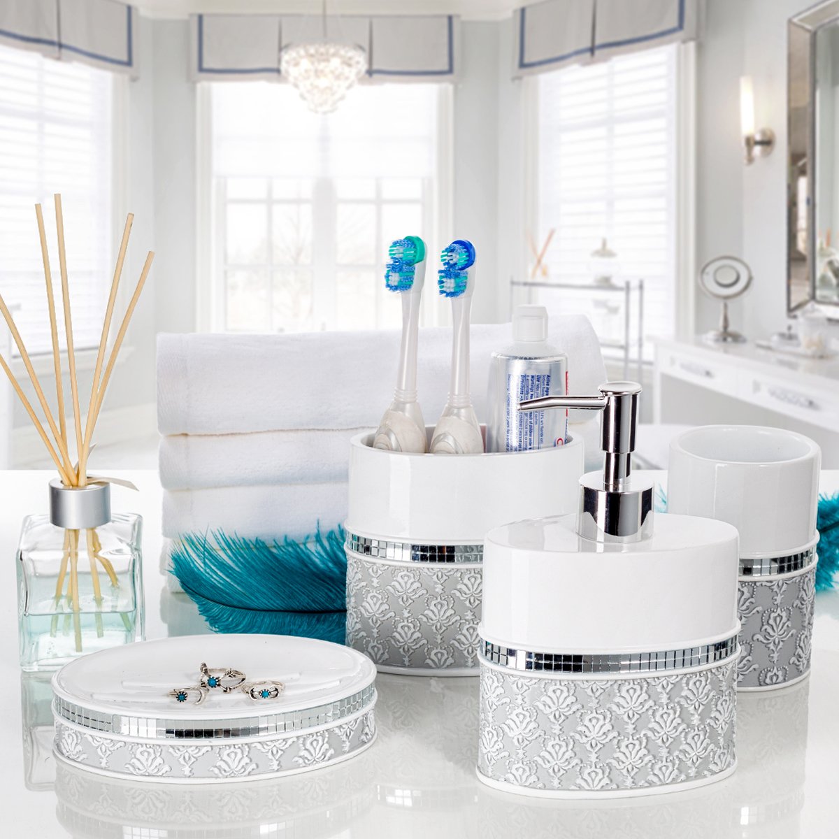 Mirror Damask Toothbrush and Toothpaste Holder