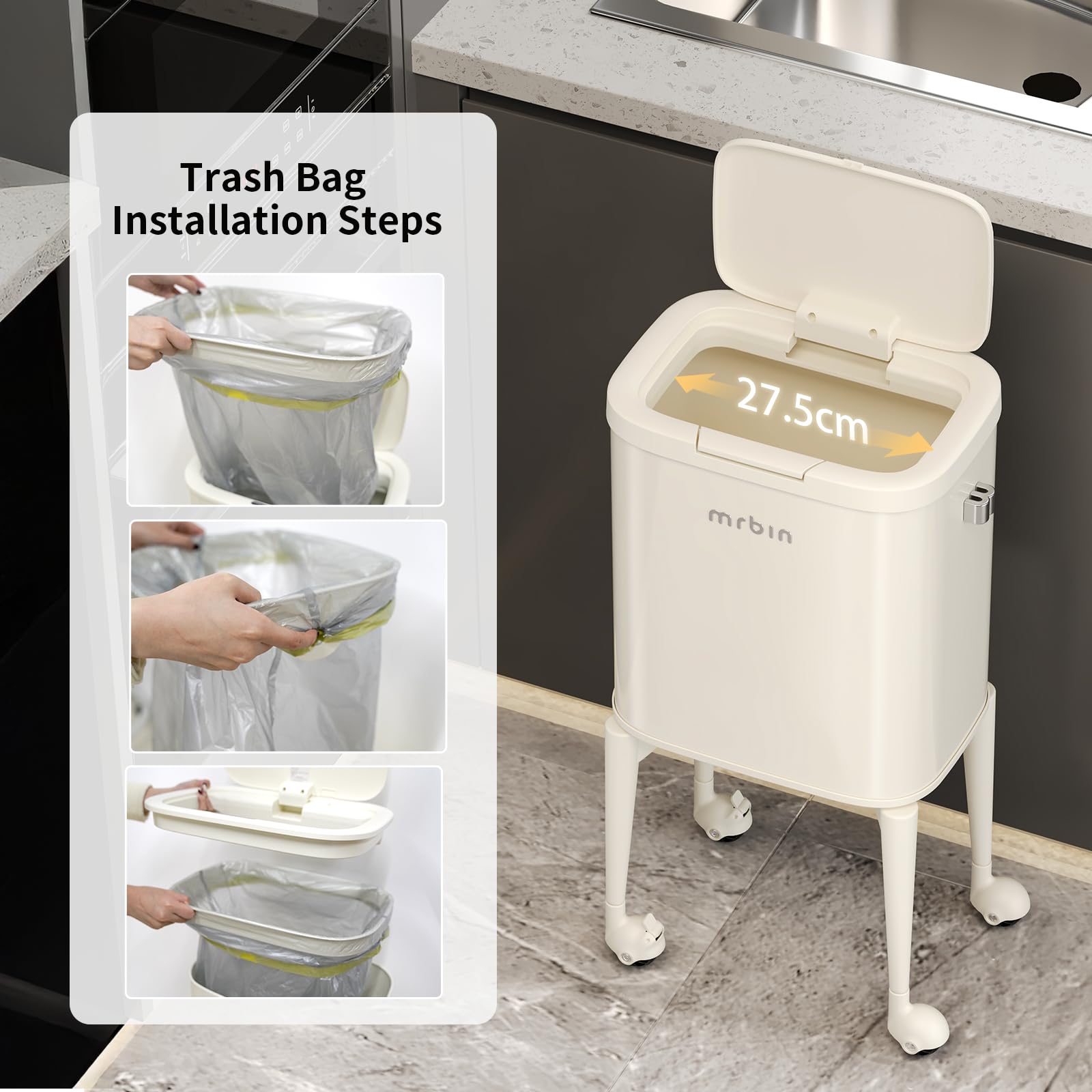 Metal Kitchen Trash Can with Wheel Legs