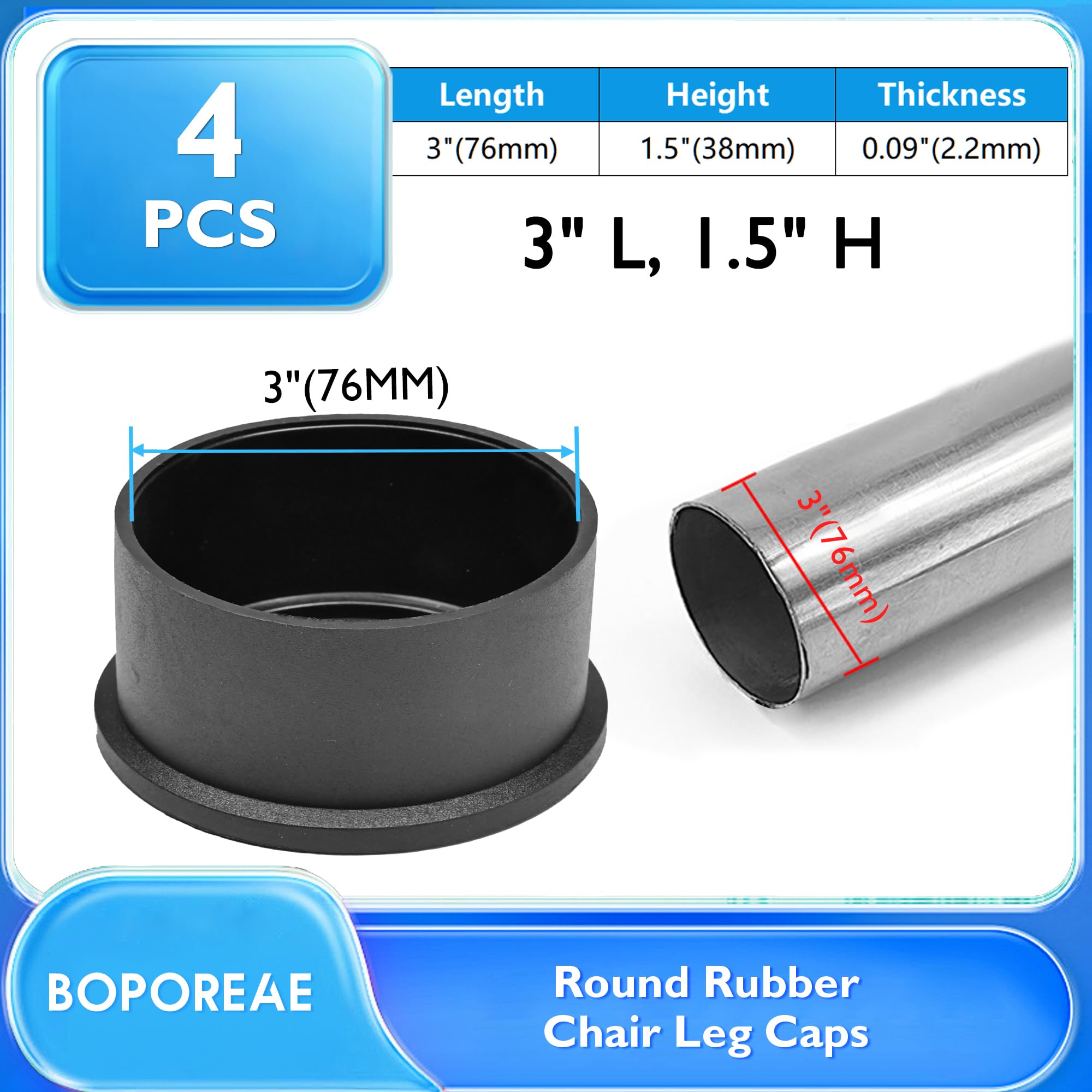 4 Pcs 3" Black Round Rubber Chair Leg Caps (4 Count)