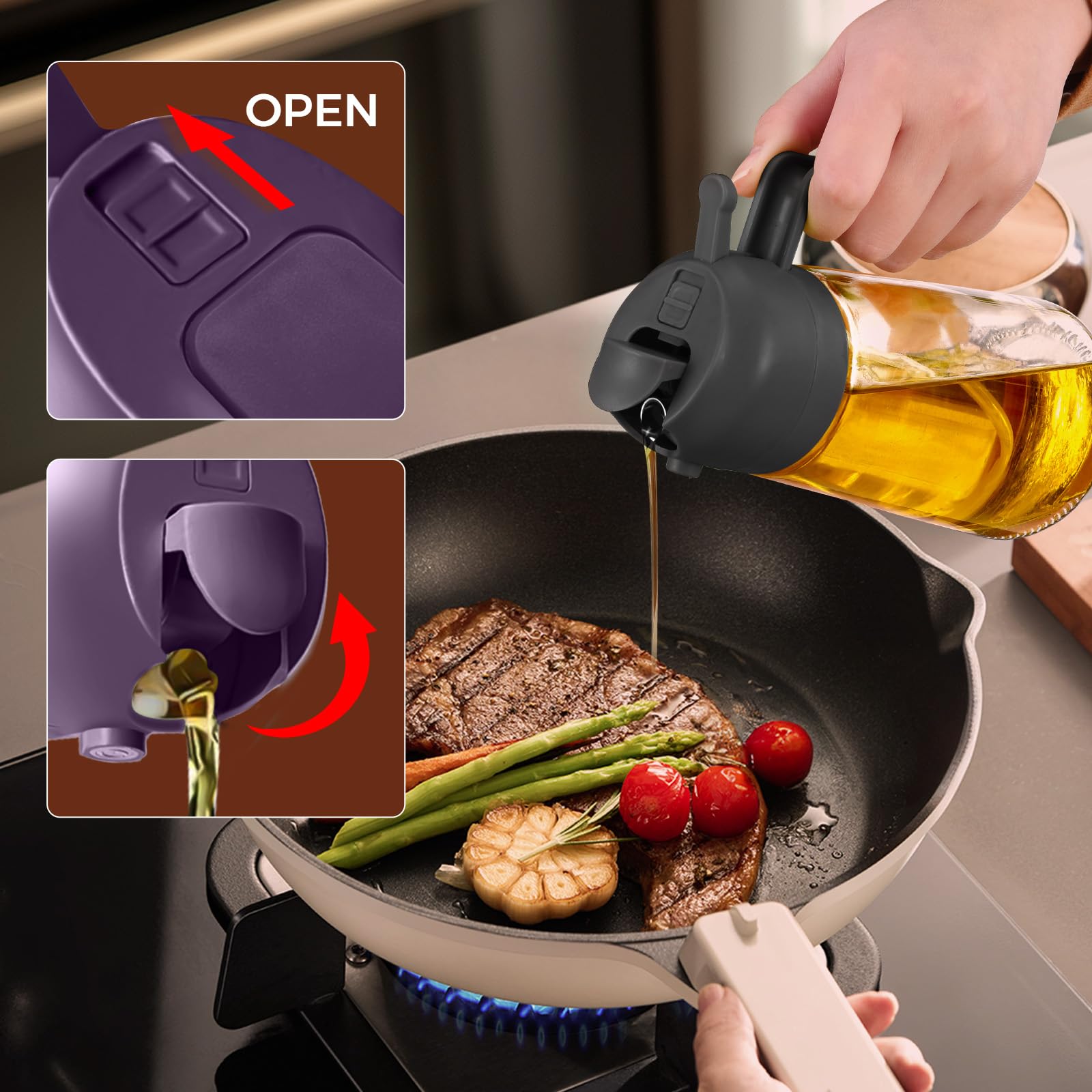 16 oz 2-in-1 Glass Olive Oil Sprayer for Cooking, BlackPurple